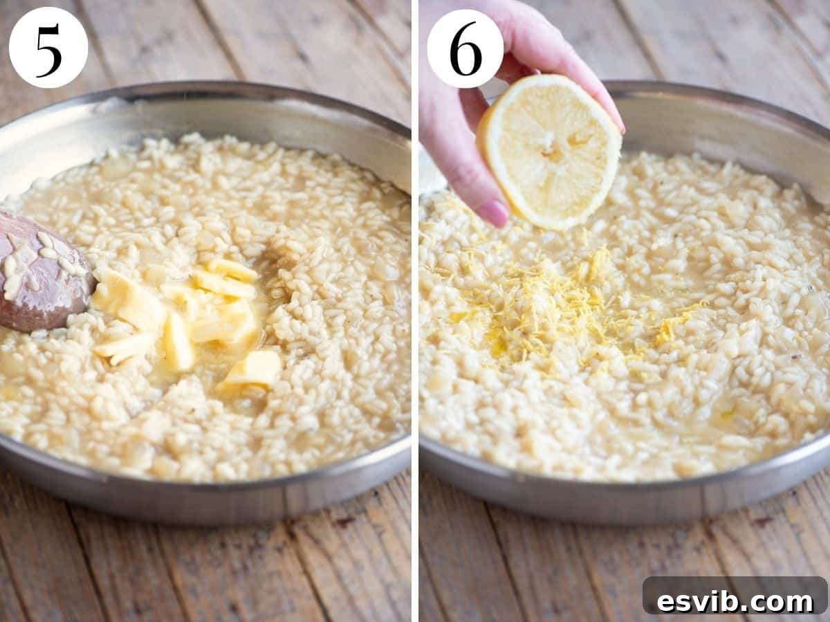 Zesty Lemon Risotto 5 Two photos in a collage demonstrating the final stages of lemon risotto preparation: stirring in butter and adding lemon zest and Parmigiano Reggiano.