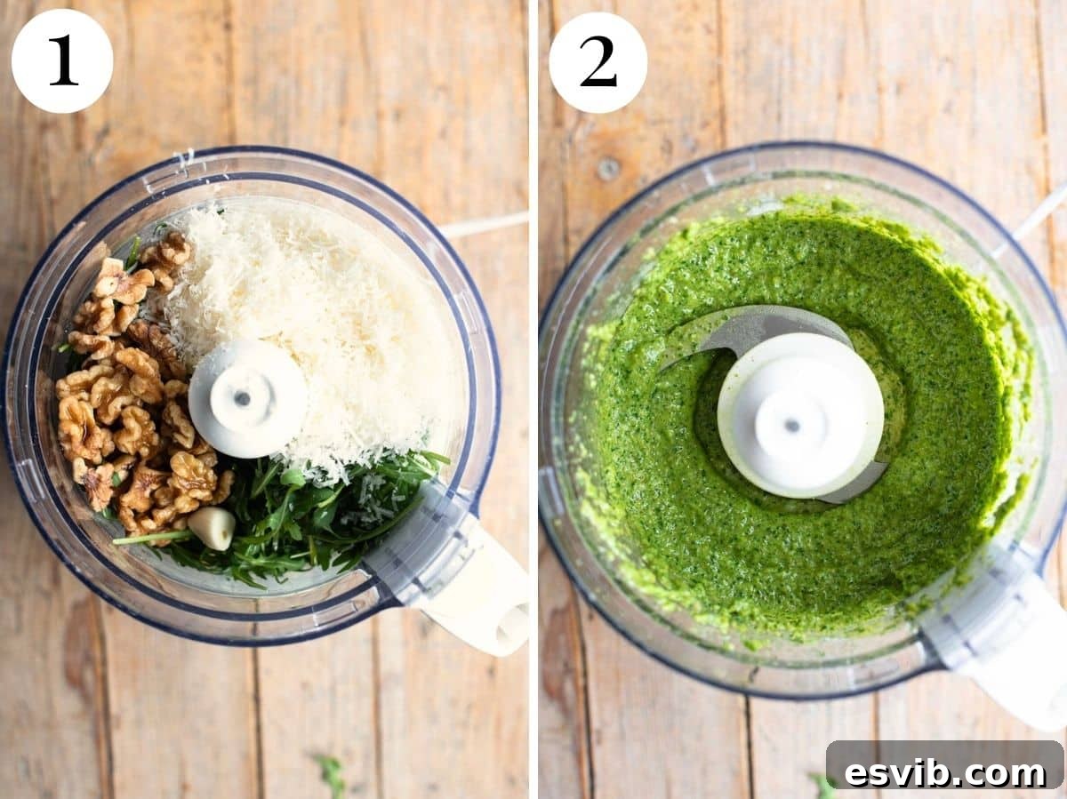 Two photos in a collage illustrating the easy process of making arugula pesto in a food processor, showing initial chopping and then a smoother consistency.