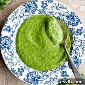 A cropped image of arugula pesto in a blue and white bowl with a spoon.