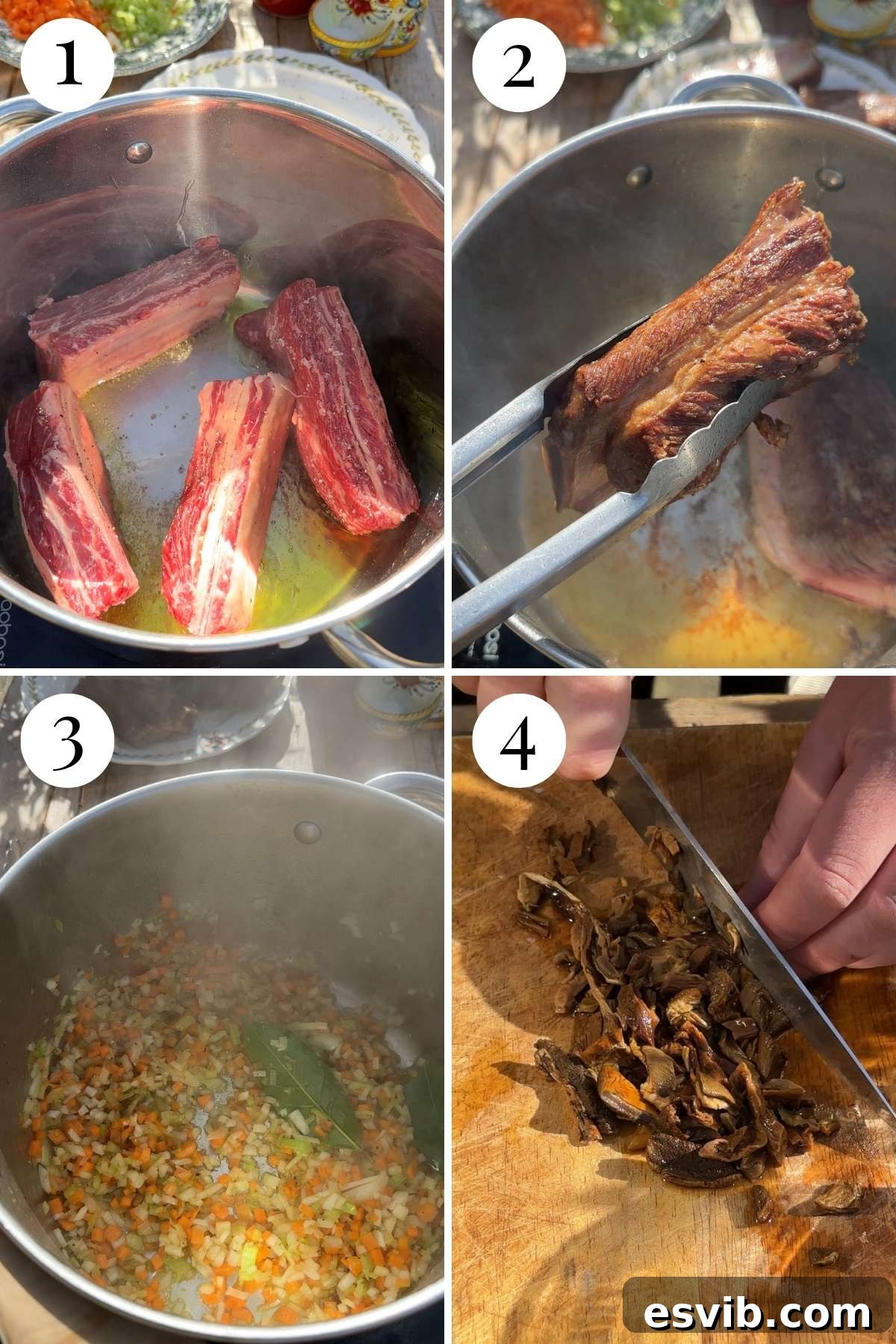 A four-panel image demonstrating key stages of beef short rib ragu preparation: the initial browning of short ribs for flavor, expertly searing them, sautéing finely chopped vegetables for the soffritto base, and the process of chopping rehydrated porcini mushrooms.