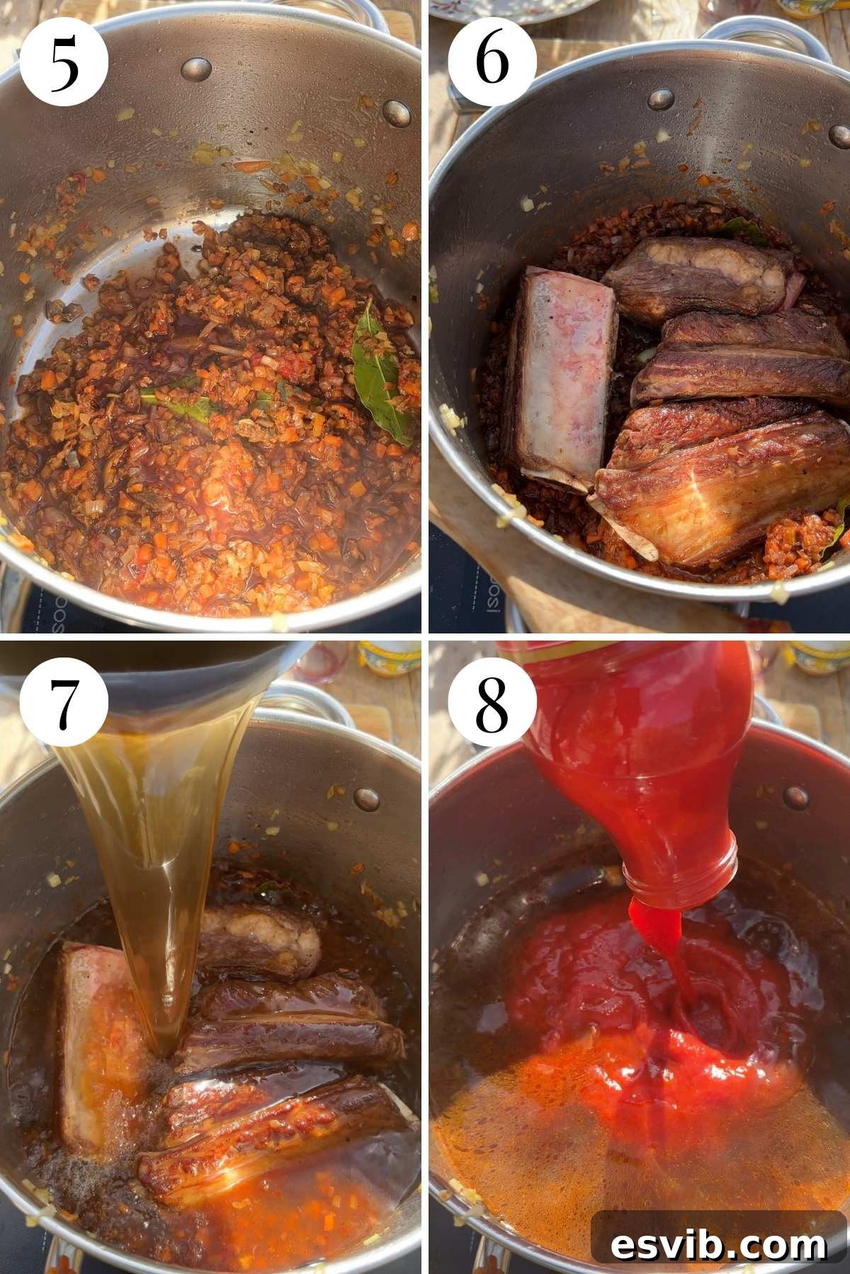 A sequence of images showing the intermediate steps for beef short rib ragu: incorporating red wine and chopped porcini mushrooms into the sautéed vegetables, returning the seared beef ribs to the pot, and finally adding beef stock and smooth passata to the mixture.