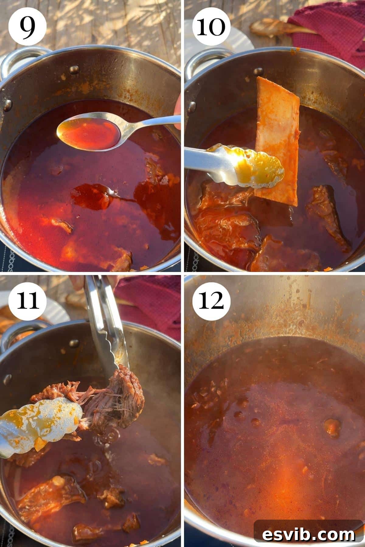 Four sequential step-by-step photos illustrating the concluding phases of crafting beef short rib ragu: first, the removal of rib bones and any tough sinew; second, effectively skimming excess fat from the sauce's surface; and third, the final reduction of the deeply flavored sauce to perfect consistency.