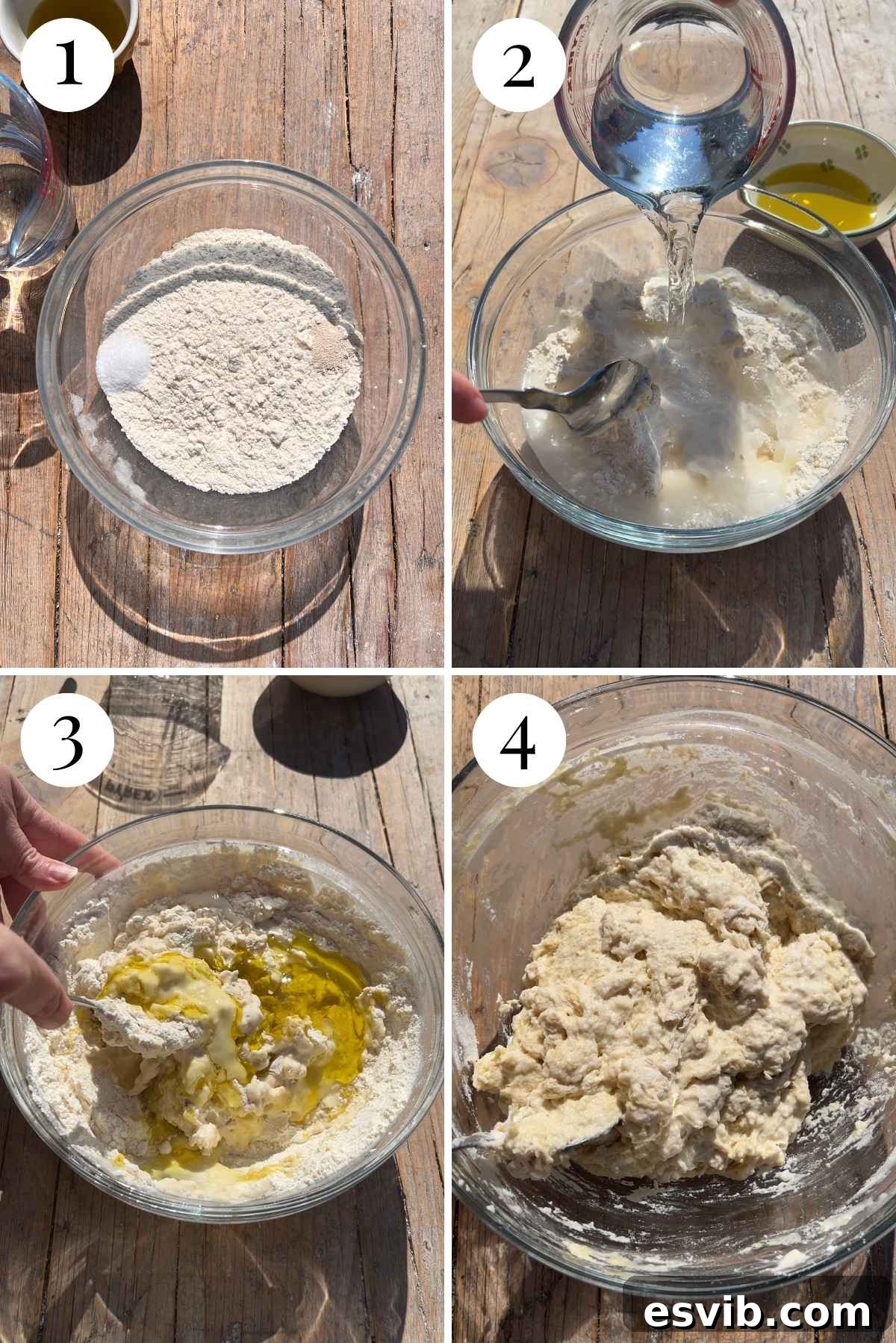 Four images in a collage showing flour, salt and yeast in a glass bowl getting mixed with water and olive oil.