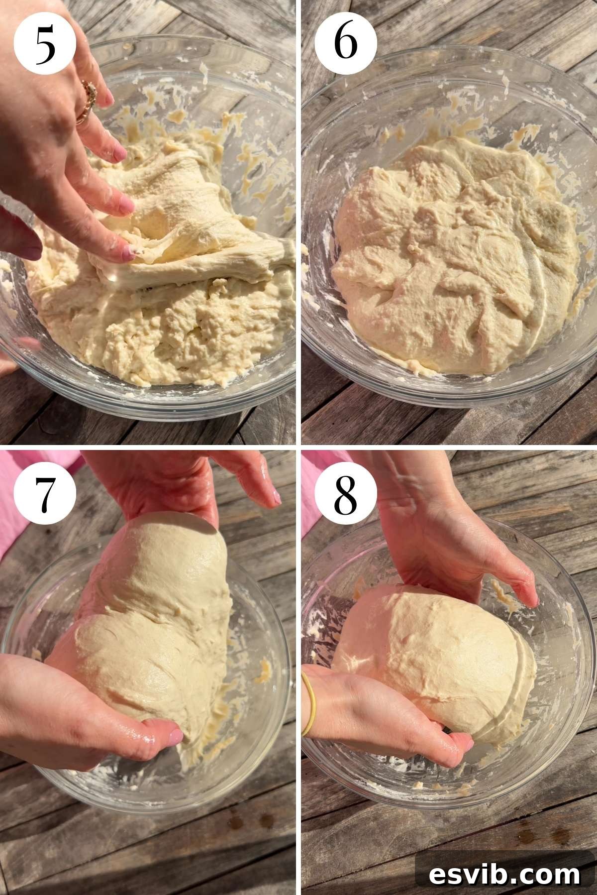 Four images in a collage showing how to do a stretch and fold then a coil fold with focaccia dough.