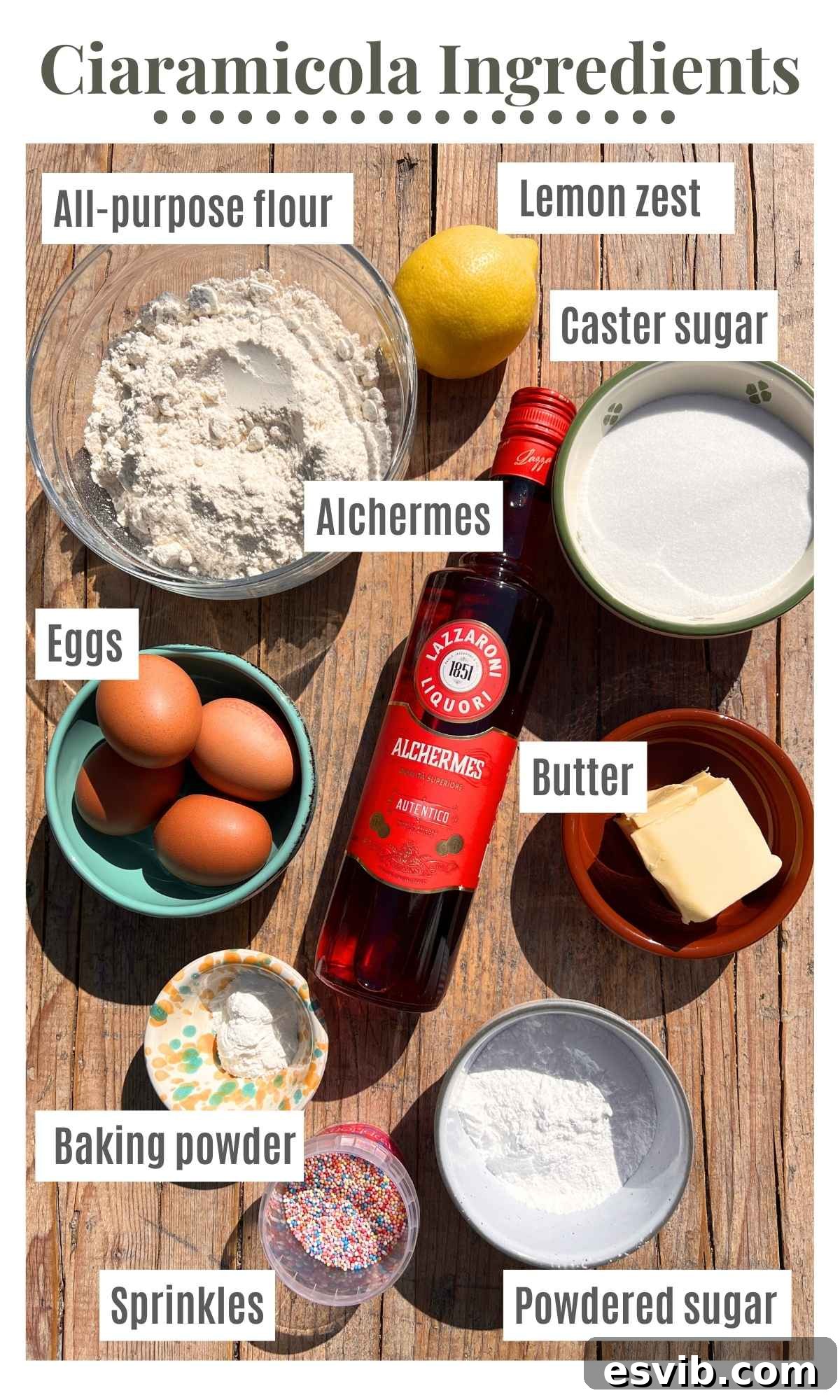 Ciaramicola Umbria's Easter Gem 3 All the necessary ingredients to bake a Ciaramicola bundt cake, neatly arranged on a rustic wooden surface, ready for preparation.