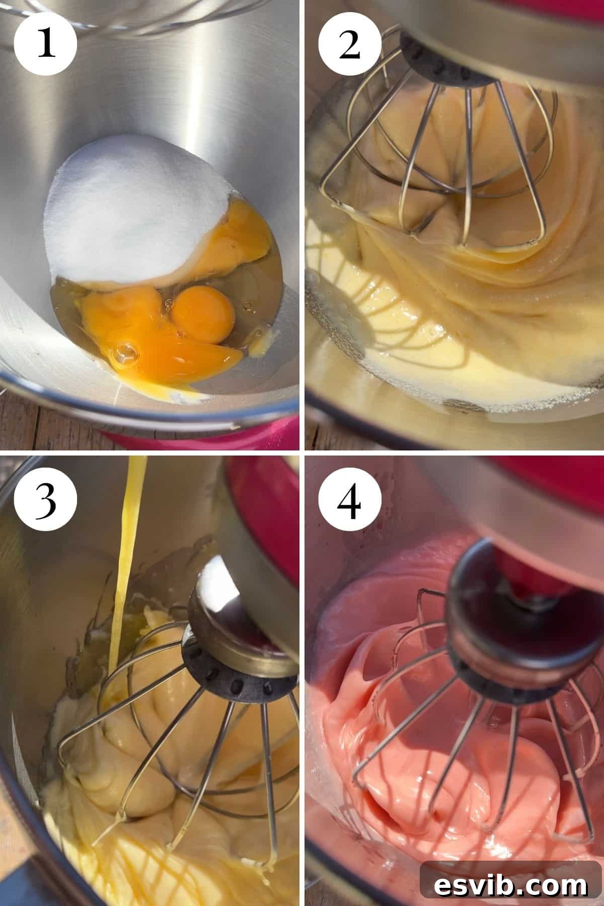 Ciaramicola Umbria's Easter Gem 4 A collage of four photos demonstrating the initial stages of preparing Ciaramicola bundt cake batter: whisking eggs and sugar, then adding melted butter and Alchermes liqueur.