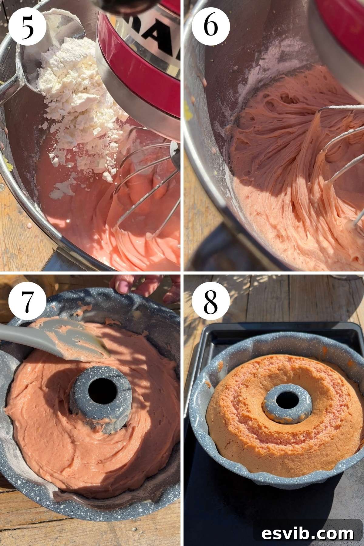 Ciaramicola Umbria's Easter Gem 5 A sequence of four images detailing the next steps in baking Ciaramicola: gradually adding flour to the batter, transferring it to a bundt pan, and the cake baking in the oven.