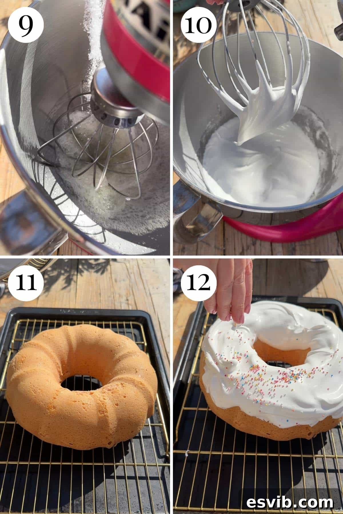 Ciaramicola Umbria's Easter Gem 6 A four-photo collage showing the preparation of the meringue topping for Ciaramicola, followed by generously topping the bundt cake with meringue and colorful sprinkles.