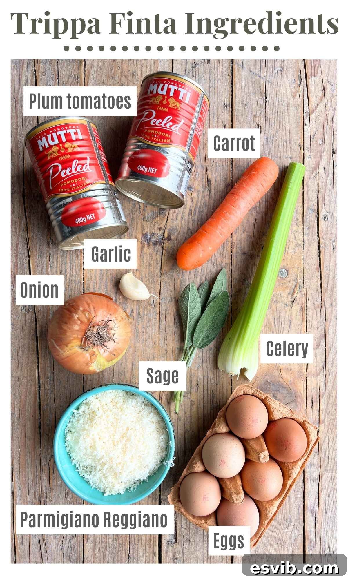 All the ingredients needed to make Trippa Finta laid out on a wooden surface.