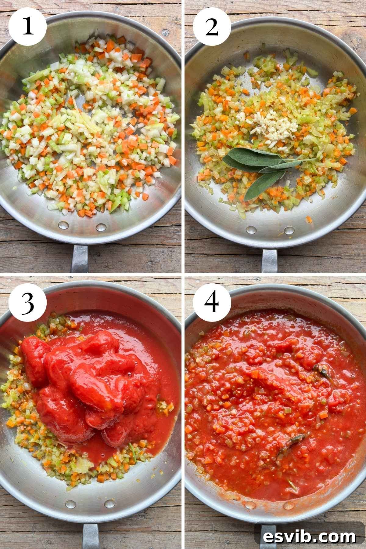 Four photos in a collage showing how to saute vegetables and add canned plum tomatoes to make a sauce.