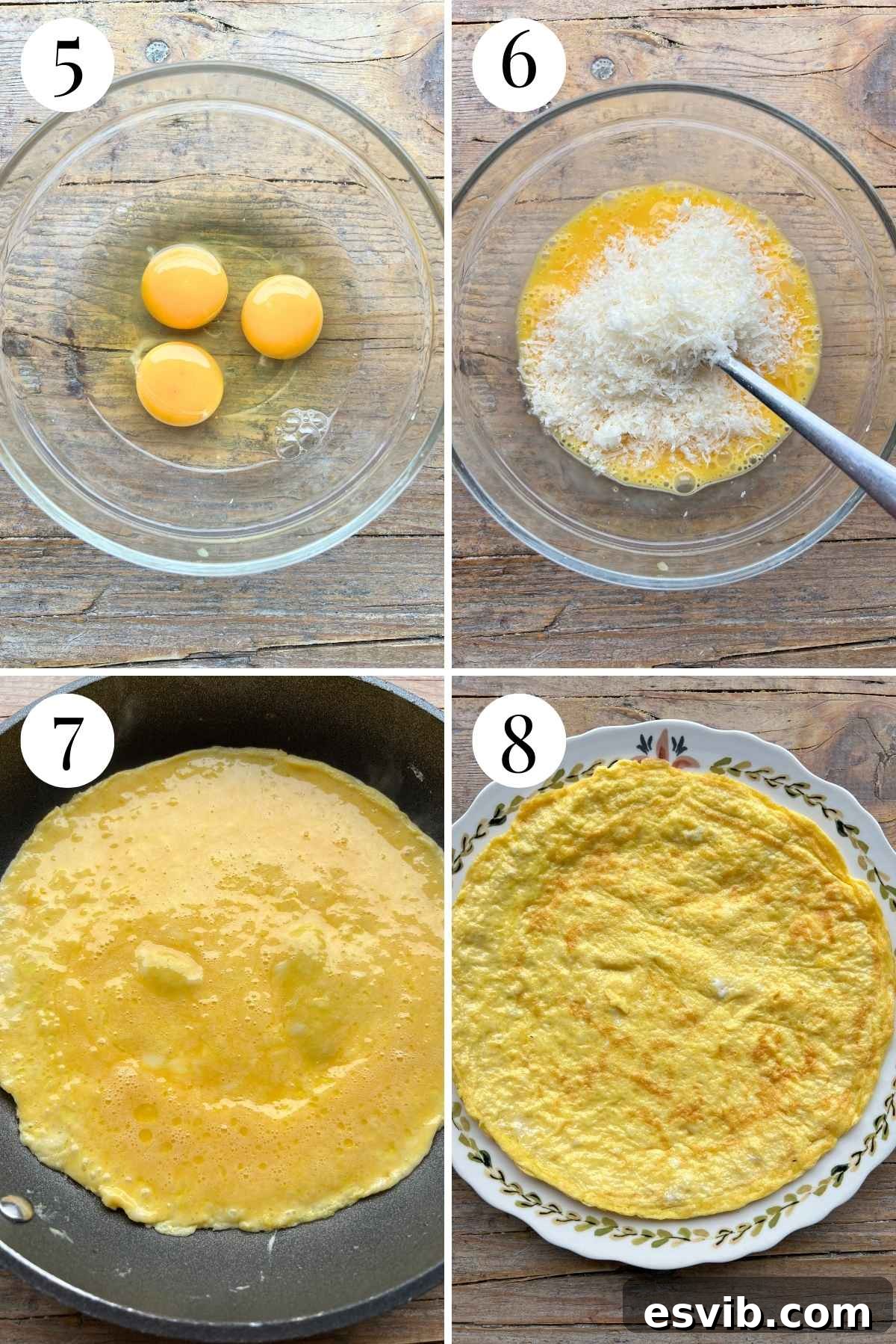 Four photos in a collage showing how to make a cheesy omelette.
