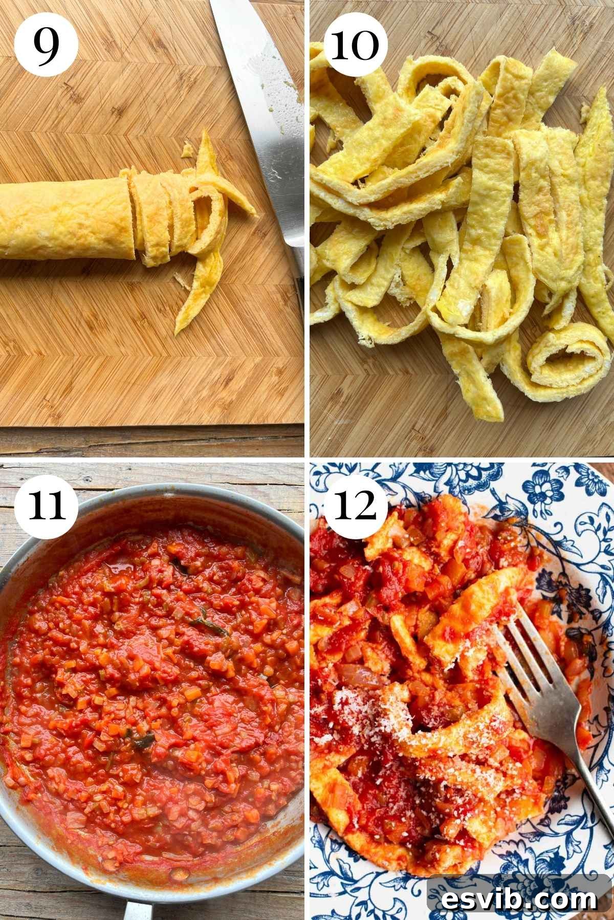 Four photos in a collage showing how to cut an omelette into strips and add them to sauce.