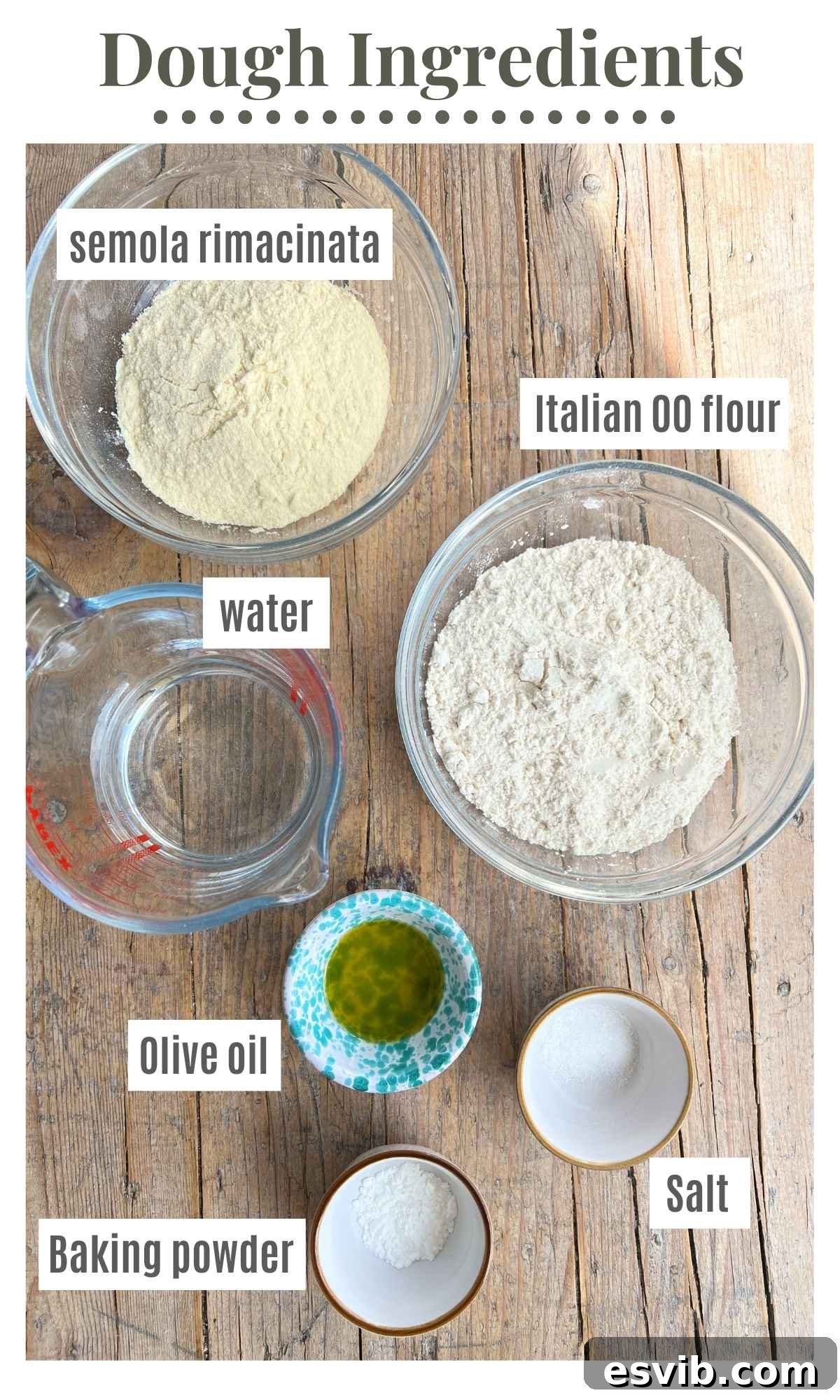 Quick Crispy Pizza Bites 3 All the ingredients to make lingue di pizza dough in bowls; flour, semola, baking powder, salt, olive oil and water.