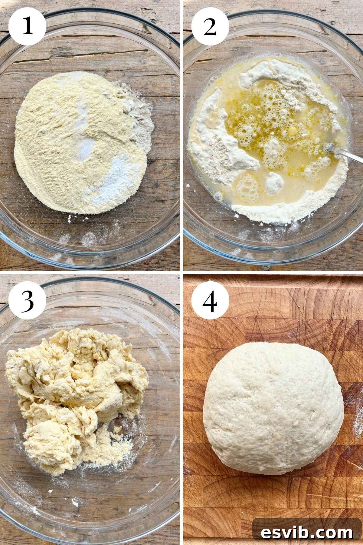 Quick Crispy Pizza Bites 4 Four photos in a collage showing how to make a simple yeast-free pizza dough.