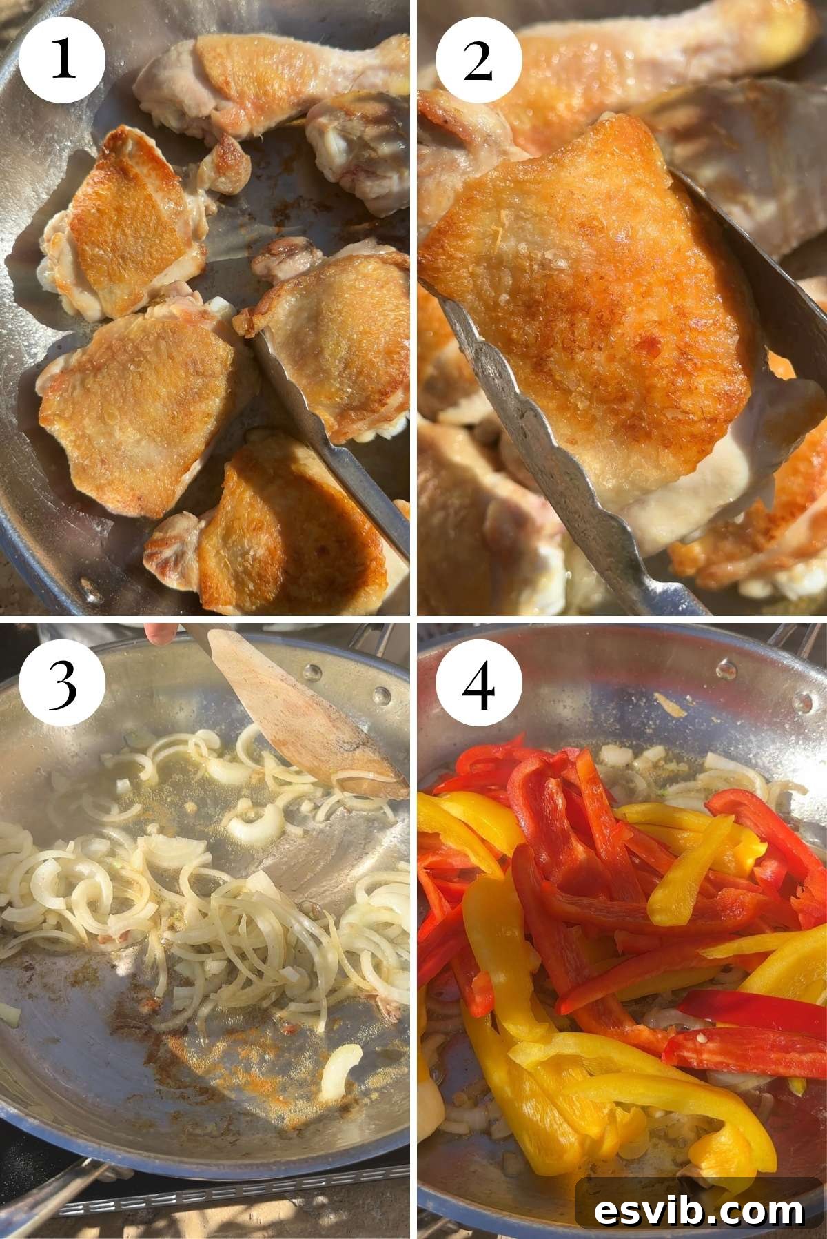 Four photos in a collage showing how to brown chicken and saute onions and bell peppers.