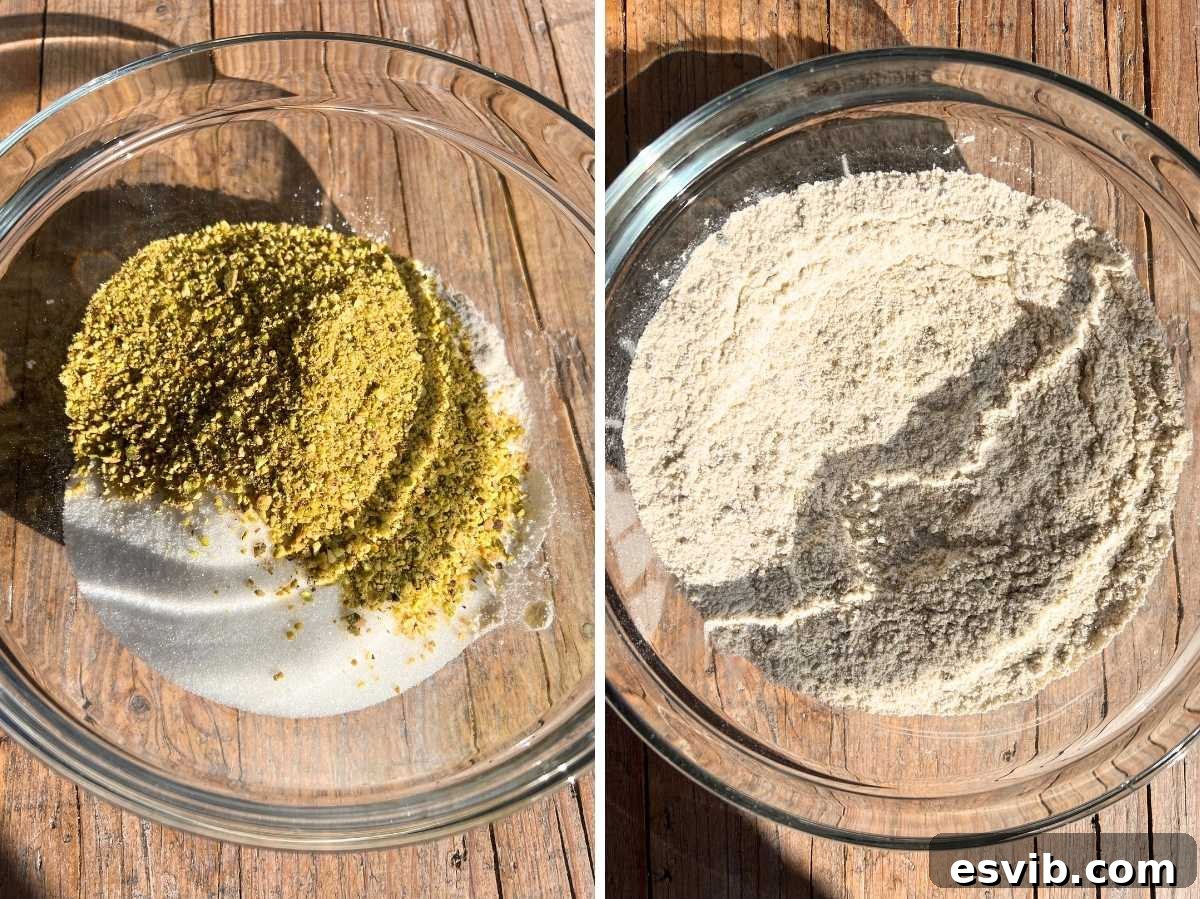 Dry ingredients for sbrisolona, including flour, sugar, baking powder, and pistachio crumbs, mixed in a glass bowl.