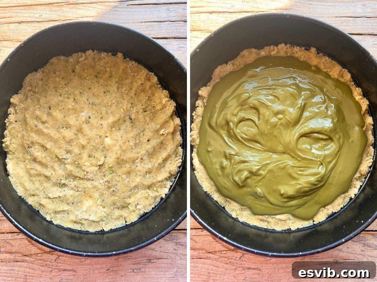 Two photos showing pastry dough in a cake tin topped with pistachio cream.