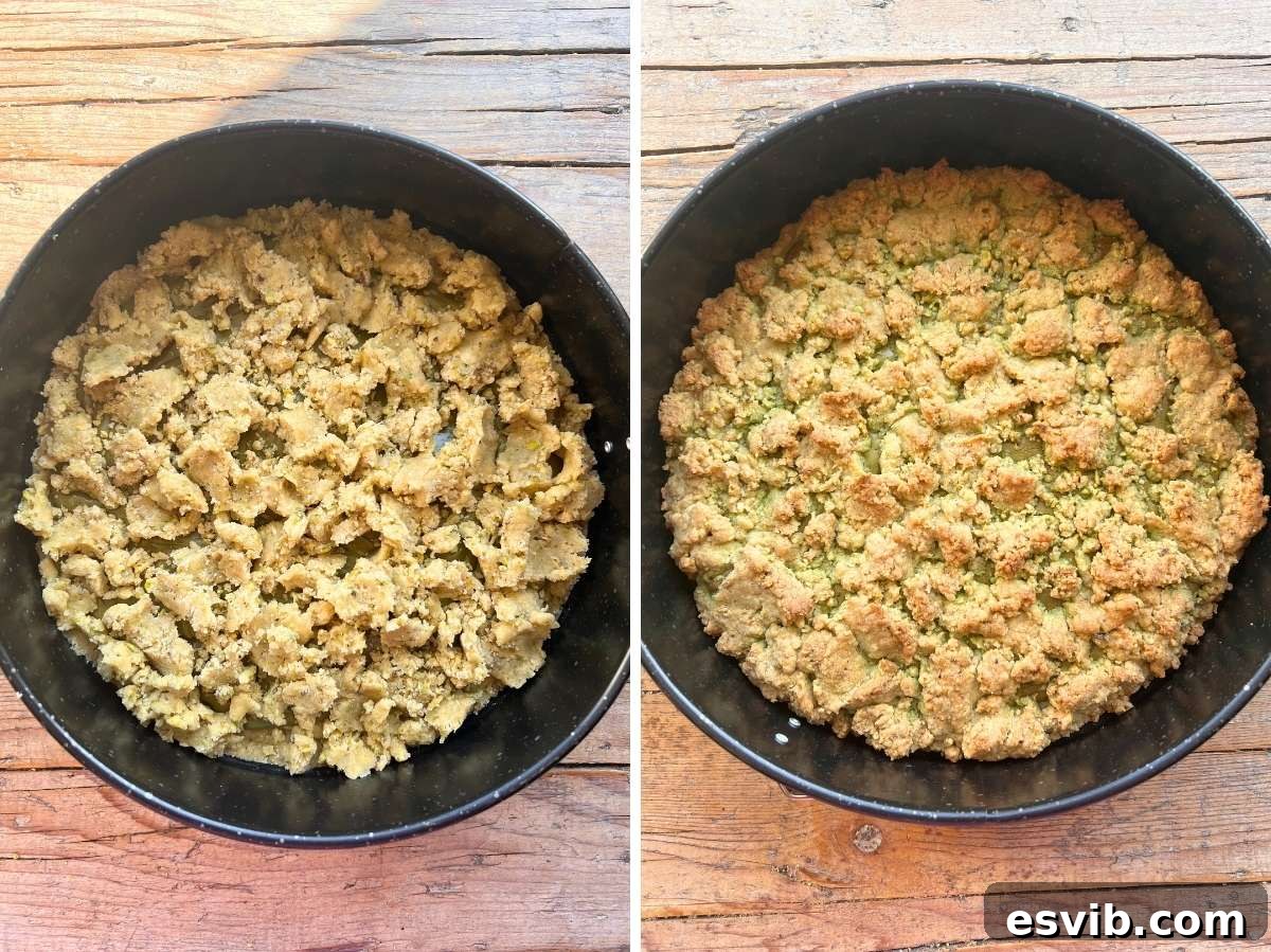 Unbaked sbrisolona al pistacchio with a pistachio cream layer topped with more crumb mixture.