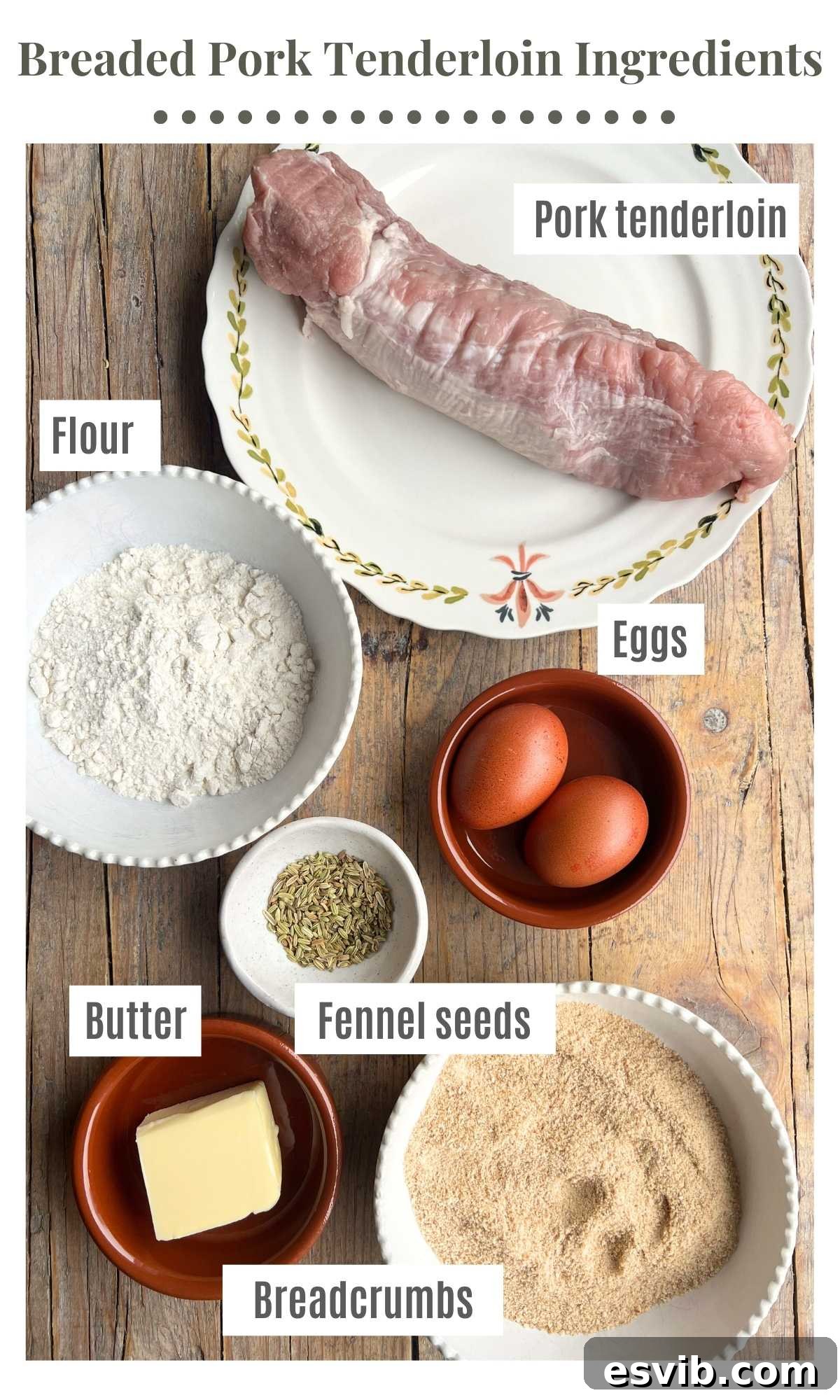 An overhead shot of all the ingredients needed to make breaded pork tenderloin sitting on a wooden surface.