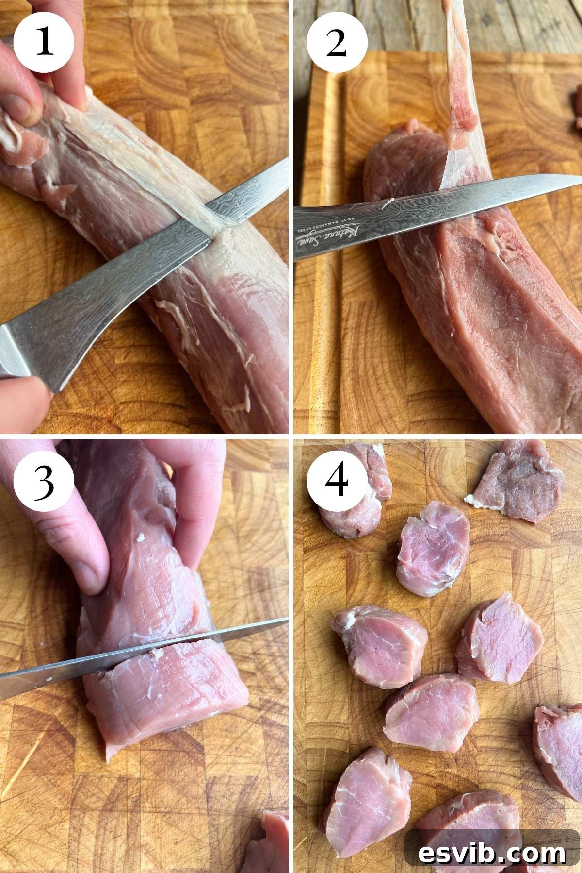 Four photos in a collage showing how to cut sinew from a pork tenderloin.