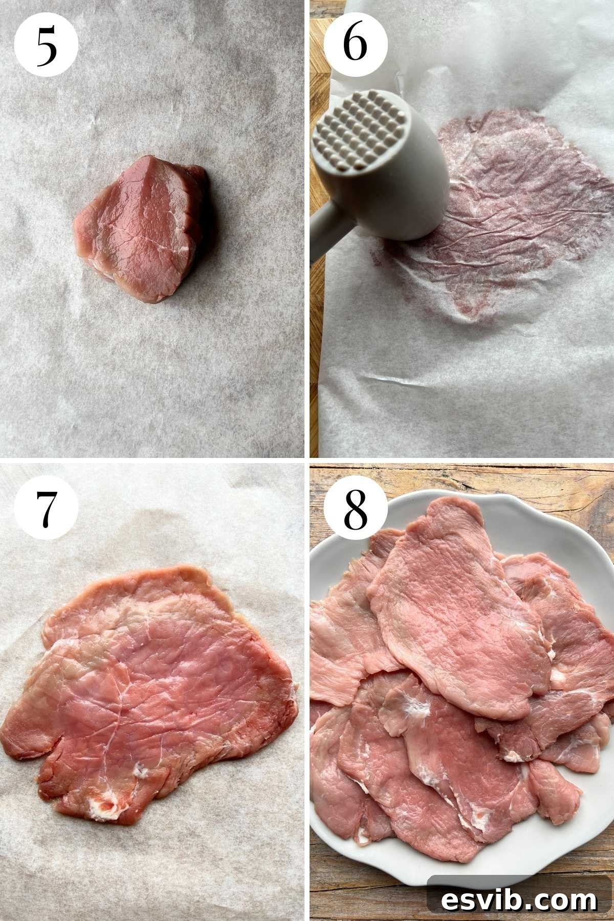 Four photos in a collage showing how to bash slices of pork tenderloin thin with a meat mallet.