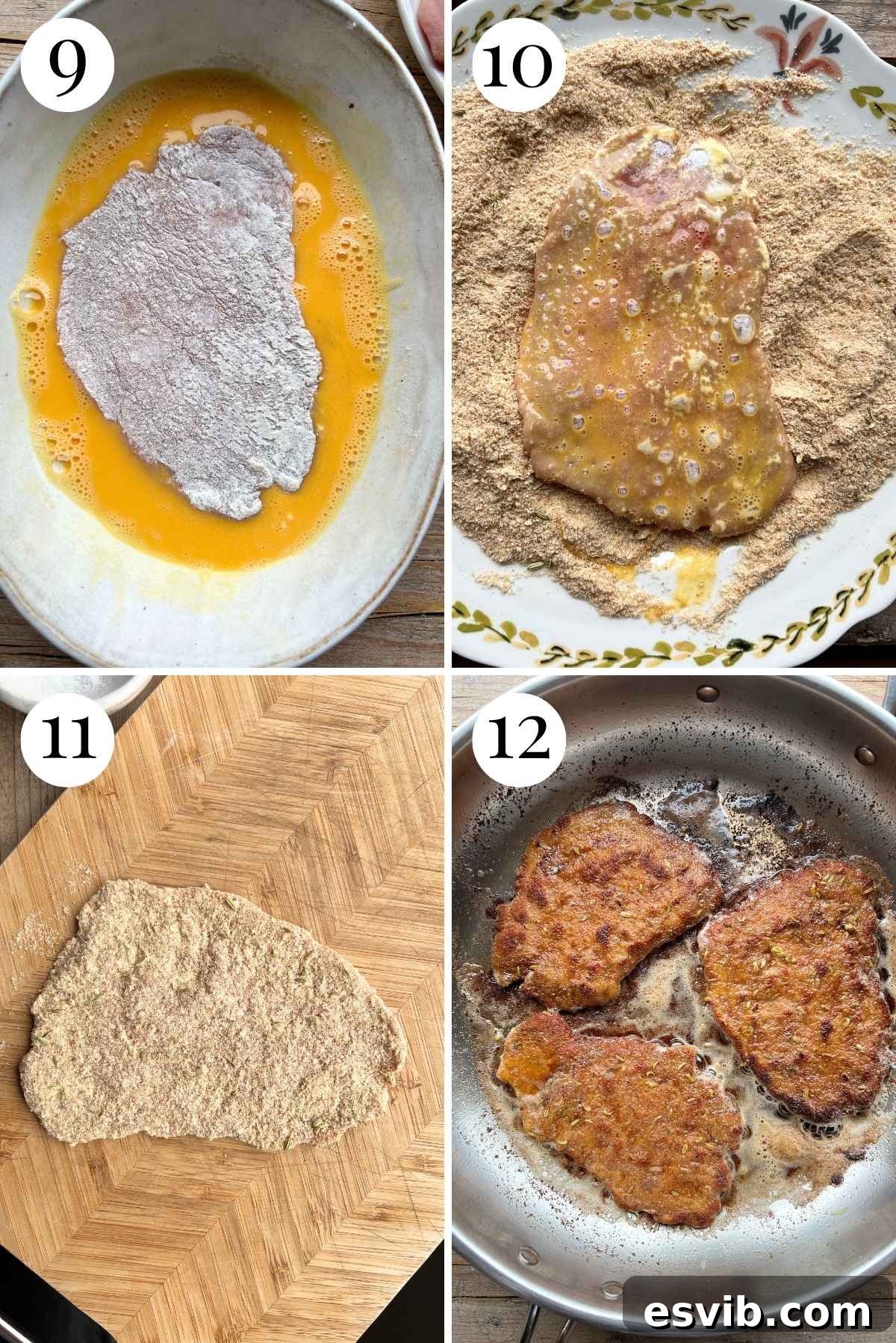 Four photos in a collage showing how to bread and fry slices of pork tenderloin.