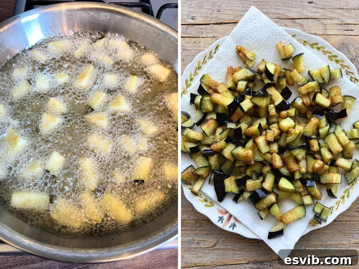 Two photos in a collage, one showing eggplant getting fried and one showing it sitting on a plate on top of kitchen paper to drain the oil.