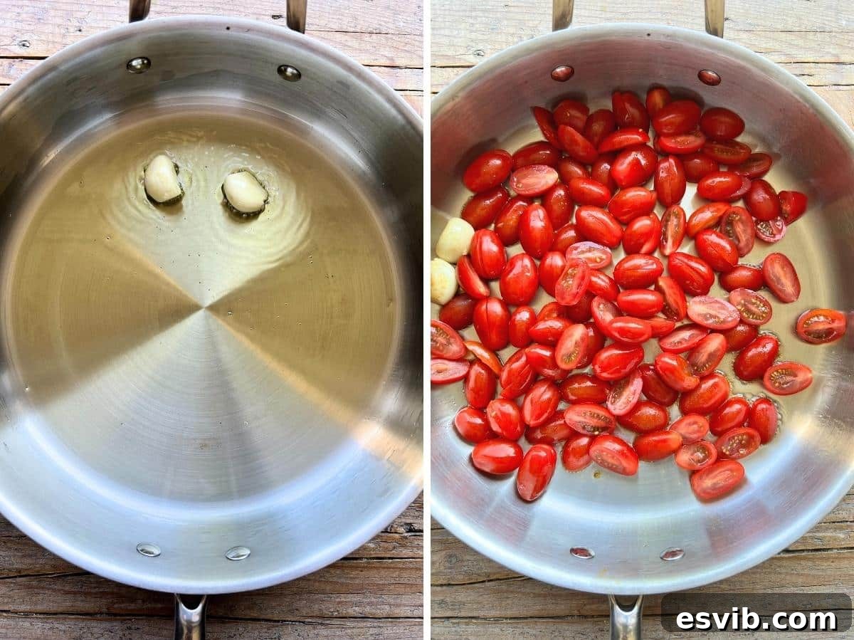 Two photos in a collage; one showing two whole garlic cloves in a pan with olive oil and another showing sliced tomatoes being added.