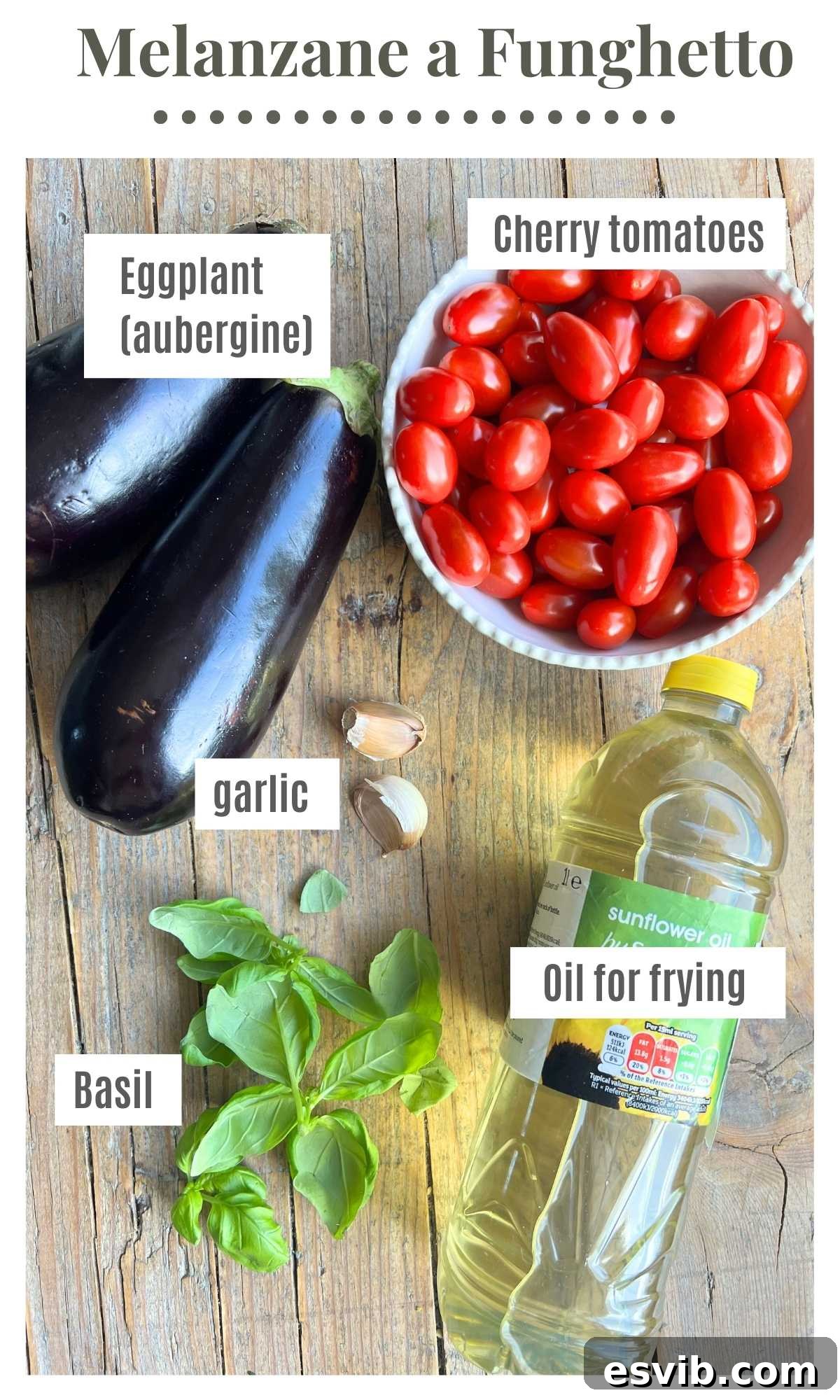 An overhead shot of all the ingredients needed to make fried eggplant in a cherry tomato sauce.