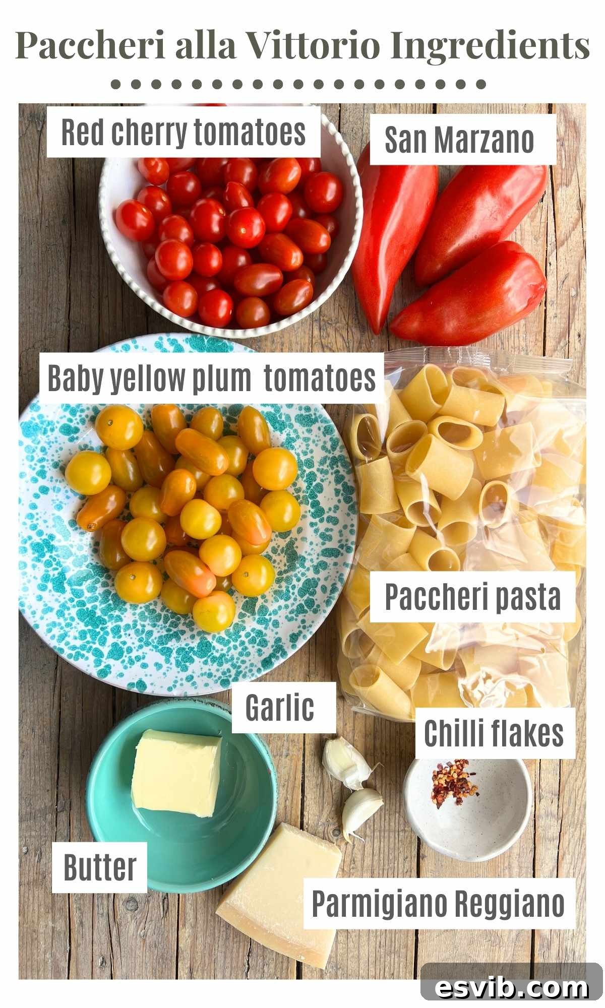 Vittorio's Silky Tomato Butter Paccheri 3 A beautifully arranged spread of all the fresh ingredients required to prepare the authentic Paccheri alla Vittorio, including ripe plum tomatoes, sweet cherry tomatoes, rich unsalted butter, aged Parmigiano Reggiano cheese, aromatic garlic cloves, fiery chili flakes, and the distinctive large tubular paccheri pasta, all set on a rustic wooden board.
