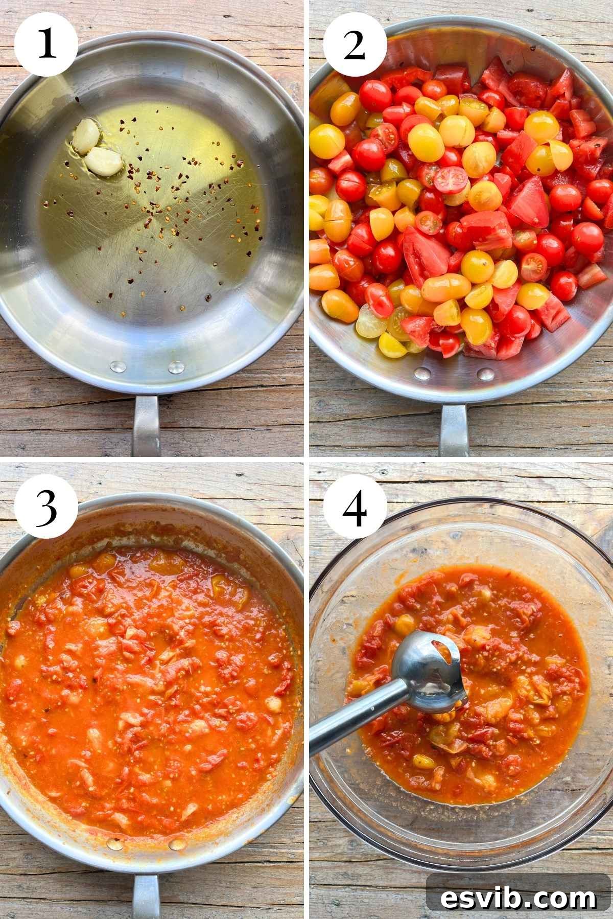 Vittorio's Silky Tomato Butter Paccheri 4 A four-photo collage demonstrating the initial steps of making a vibrant tomato sauce from fresh tomatoes and garlic: sautéing garlic and chili, adding chopped tomatoes, simmering the sauce, and the cooked tomato sauce ready for blending.
