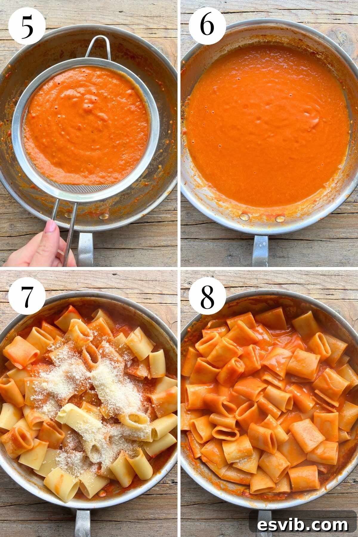 Vittorio's Silky Tomato Butter Paccheri 5 A four-photo collage illustrating the technique to create a silky smooth tomato sauce: blending the cooked tomato mixture, straining the blended sauce through a fine-mesh sieve, the resulting smooth sauce in a pan, and the discarded tomato pulp.