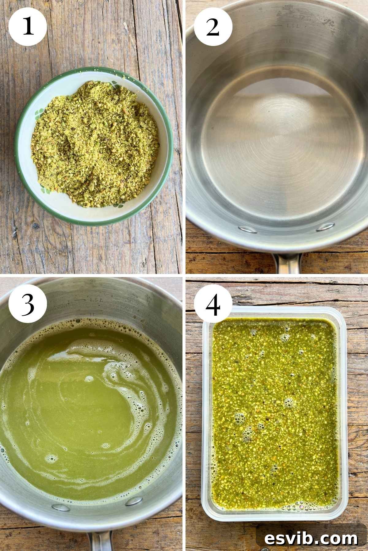Four photos in a collage showing how to make a sugar syrup then add chopped pistachios and pistachio cream to make granita.