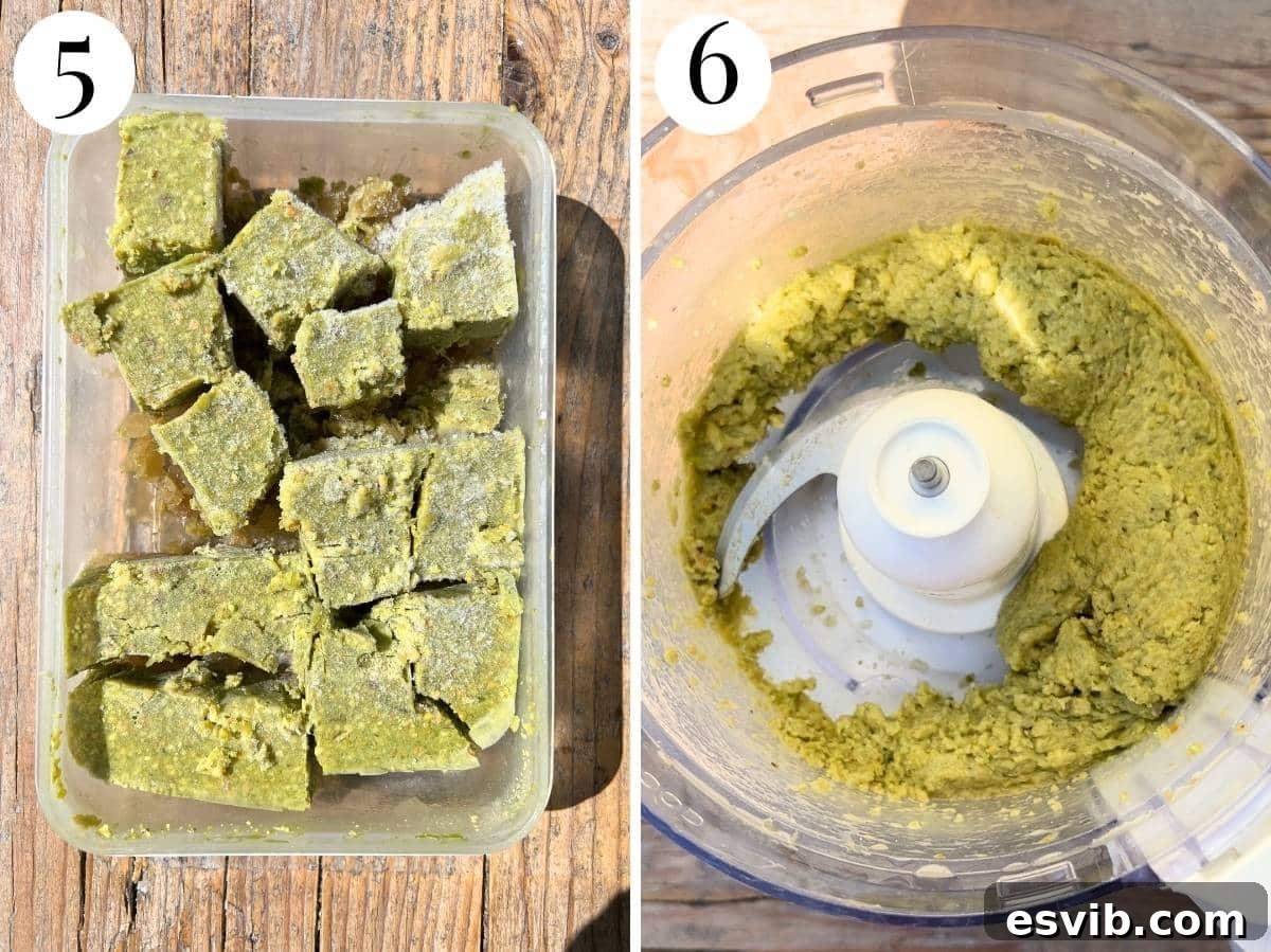 Two photos in a collage showing how to break up and blitz pistachio granita.