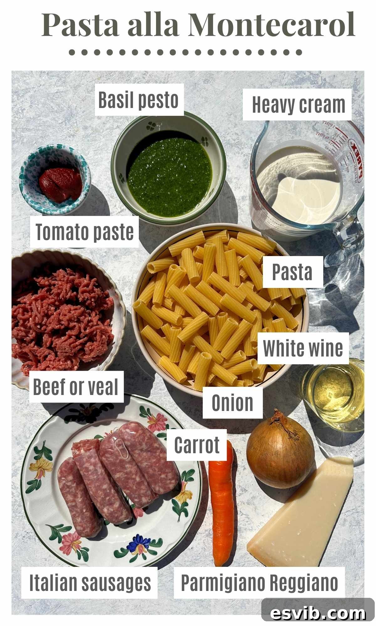 An overhead shot showcasing all the essential ingredients for making Pasta alla Montecarlo: fresh basil pesto, rich heavy cream, concentrated tomato paste, your favorite pasta, savory Italian sausages, ground beef, finely chopped carrot and onion, grated Parmesan cheese, and a splash of white wine.