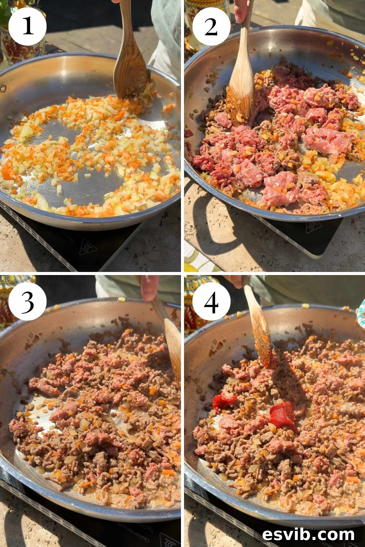 A four-photo collage illustrating the initial stages of preparing Pasta alla Montecarlo. Images show vegetables sautéing, then crumbled sausage and beef browning in a pan, followed by the addition of tomato paste and white wine, capturing the foundational steps of sauce development.