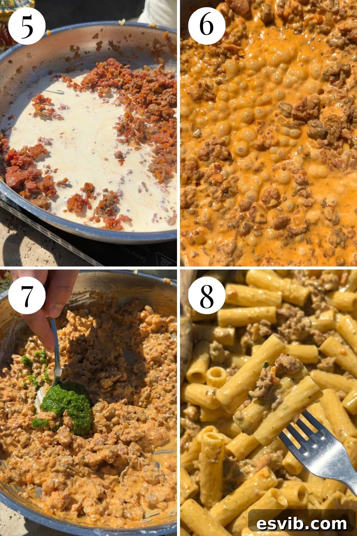 A four-photo collage depicting the final stages of preparing Pasta alla Montecarlo. Images show the creamy sauce simmering, followed by the addition of fresh pesto and cooked pasta, and finally the dish topped with grated Parmigiano Reggiano, illustrating the vibrant finishing touches.