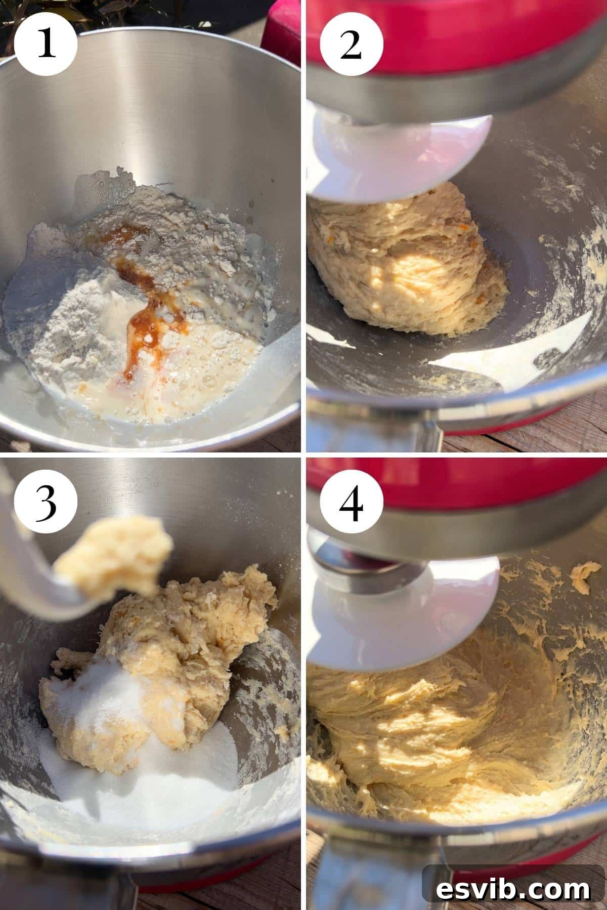 A four-photo collage illustrating the initial steps of making brioche dough: 1) flour, yeast, milk, egg, vanilla, and orange zest in a mixer bowl, 2) mixing to a rough dough, 3) adding sugar and salt, 4) dough after sugar and salt are incorporated.