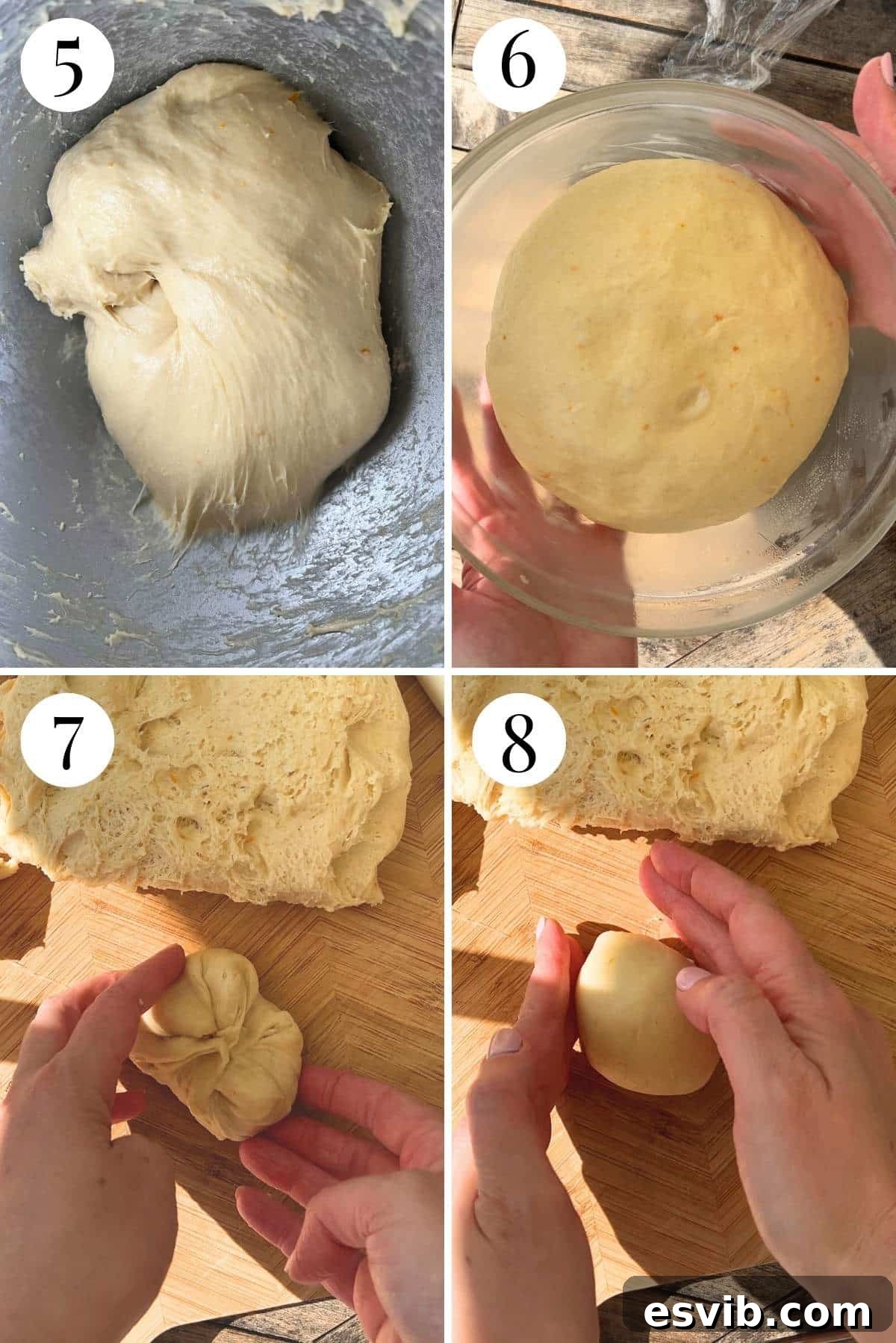 A four-photo collage demonstrating the proofing and shaping of brioche dough: 1) dough after first proof, doubled in size, 2) dividing dough into large and small pieces, 3) shaping a large base ball, 4) forming the small tuppo.