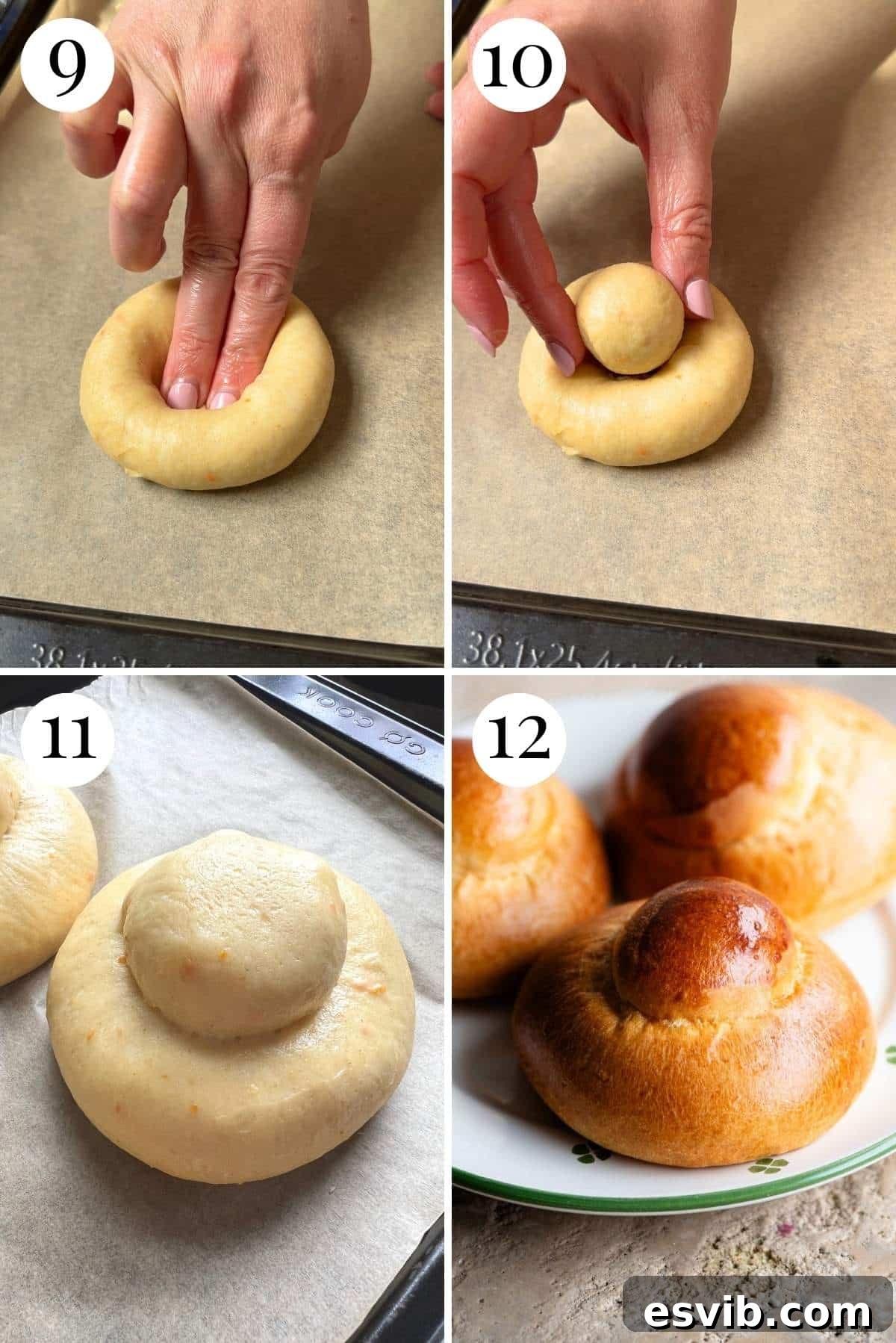 A four-photo collage showing the final shaping steps of Sicilian brioche buns: 1) pinching dough edges to build tension, 2) rolling dough into a smooth ball, 3) creating an indent in the large bun, 4) placing the small tuppo on top of the large bun.