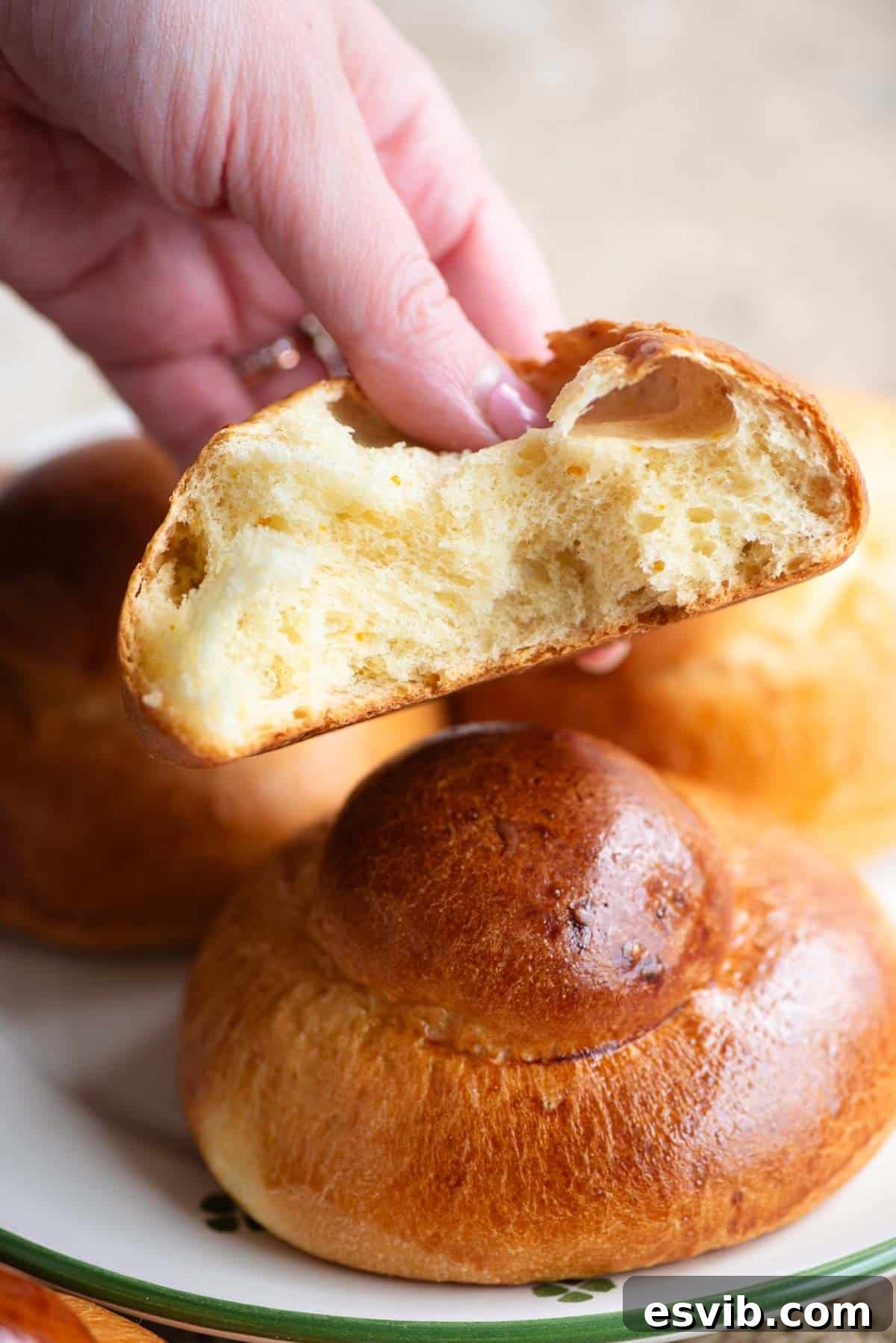 A hand gently holds a perfectly baked Sicilian brioche bun, cut in half to reveal its wonderfully airy, soft, and tender interior, showcasing the delicate crumb structure.
