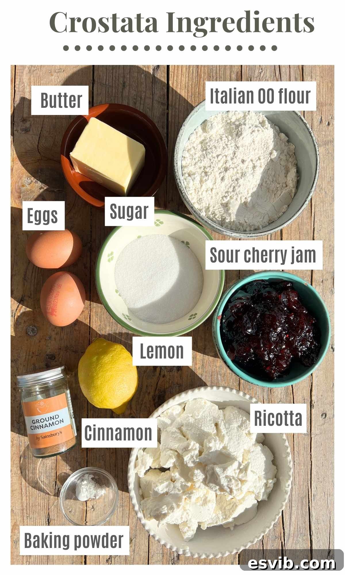 Ruby Cherry Ricotta Crostata 3 All the fresh ingredients needed to make a delicious Crostata Ricotta e Visciole, neatly arranged on a rustic wooden surface, highlighting quality and readiness for baking.