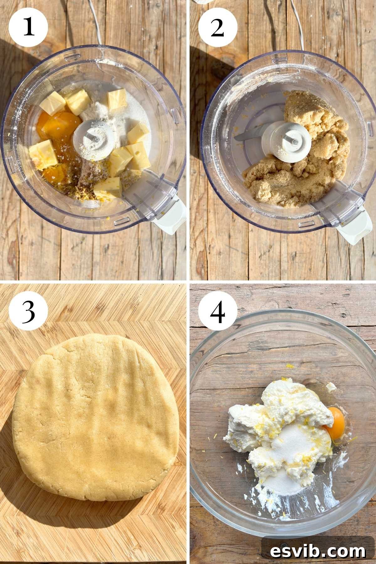 Ruby Cherry Ricotta Crostata 4 A collage of four photos detailing the process of making pasta frolla: blitzing ingredients, forming dough into a disc for chilling, and mixing the creamy ricotta filling.