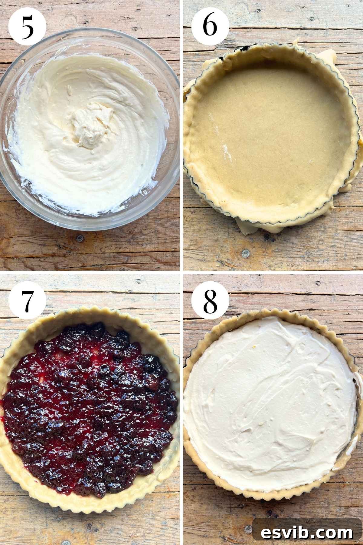 Ruby Cherry Ricotta Crostata 5 A four-photo collage demonstrating how to line a tart pan with pastry dough, spread cherry jam, and add the ricotta filling, preparing the crostata for baking.