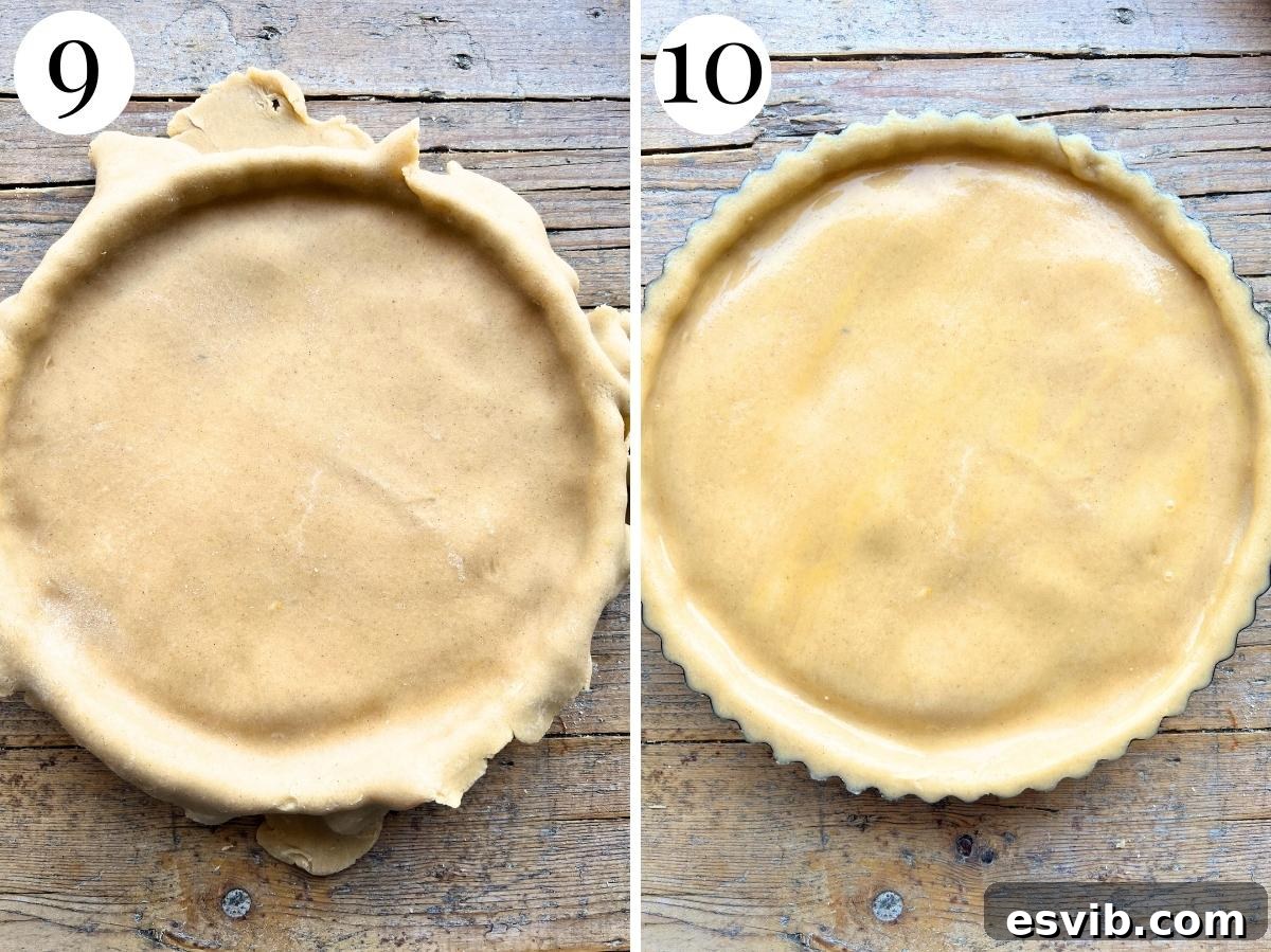 Ruby Cherry Ricotta Crostata 6 Two photos demonstrating the final steps of making a crostata: covering the filled tart with a pastry lattice or top layer, and sealing the edges before chilling.