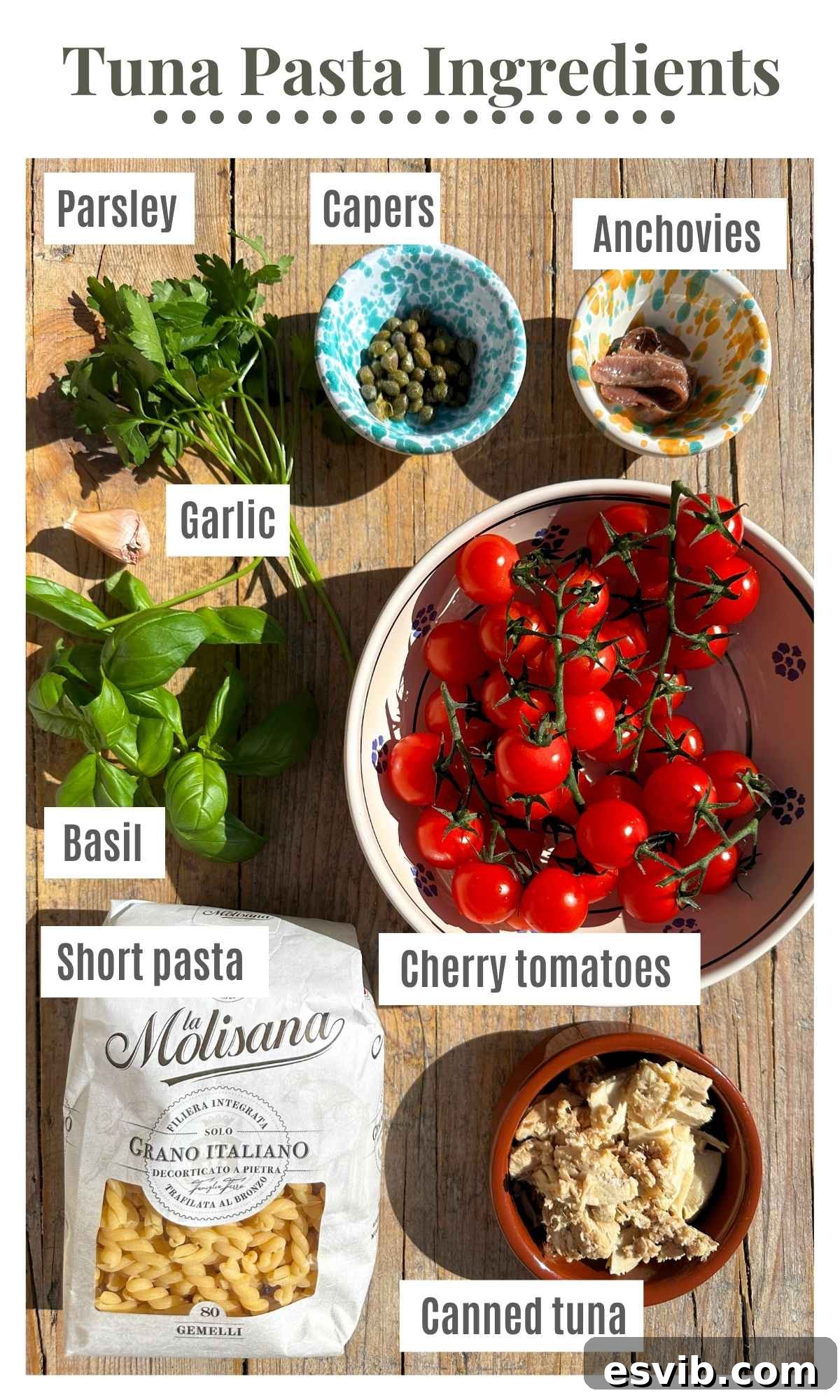 A collection of fresh, essential ingredients laid out in small bowls on a rustic wooden table, including cherry tomatoes, capers, anchovies, tuna, garlic, and fresh herbs, all poised for making a delicious tuna pasta sauce.