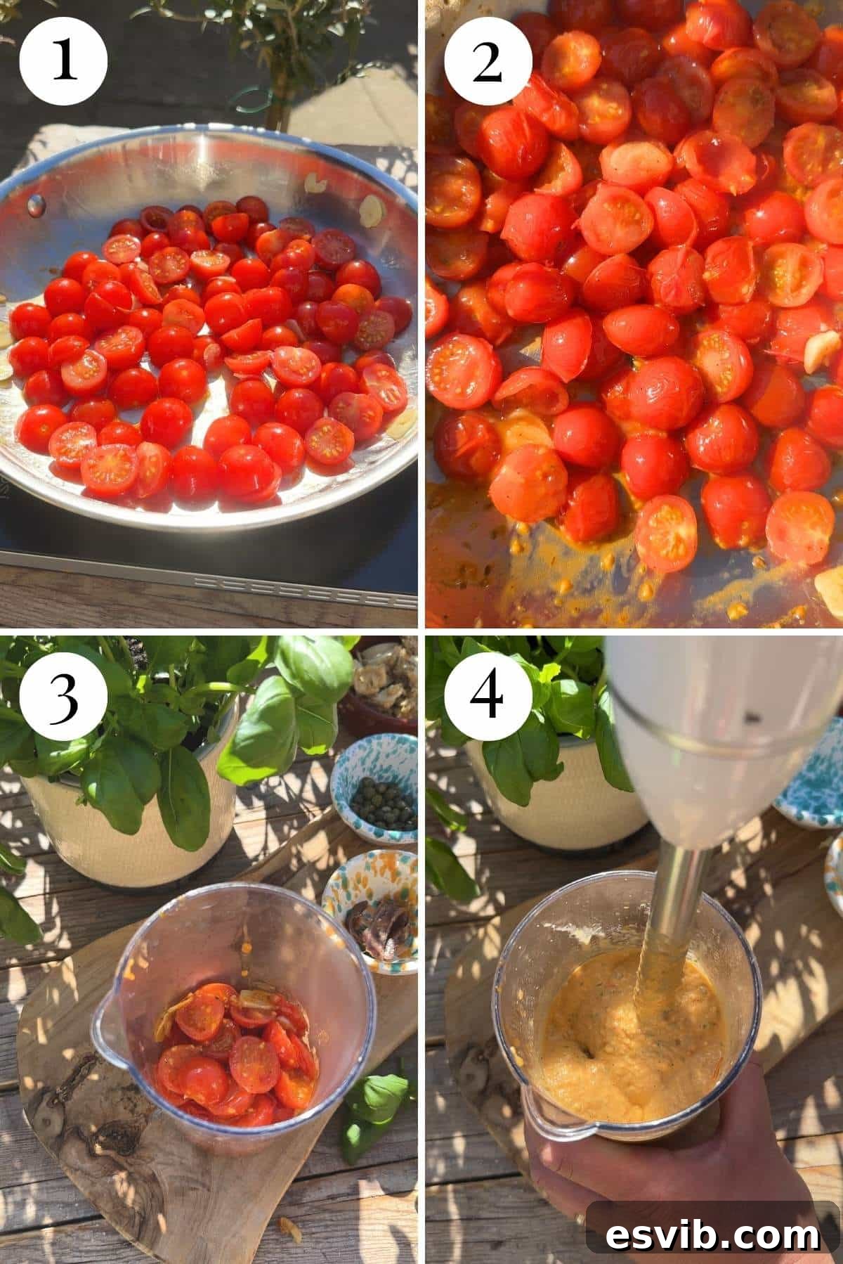 A four-panel photo collage demonstrating the initial steps of preparing the tuna pasta sauce: first showing halved cherry tomatoes and chopped garlic, then the tomatoes gently sizzling in olive oil, followed by them softening in the pan.