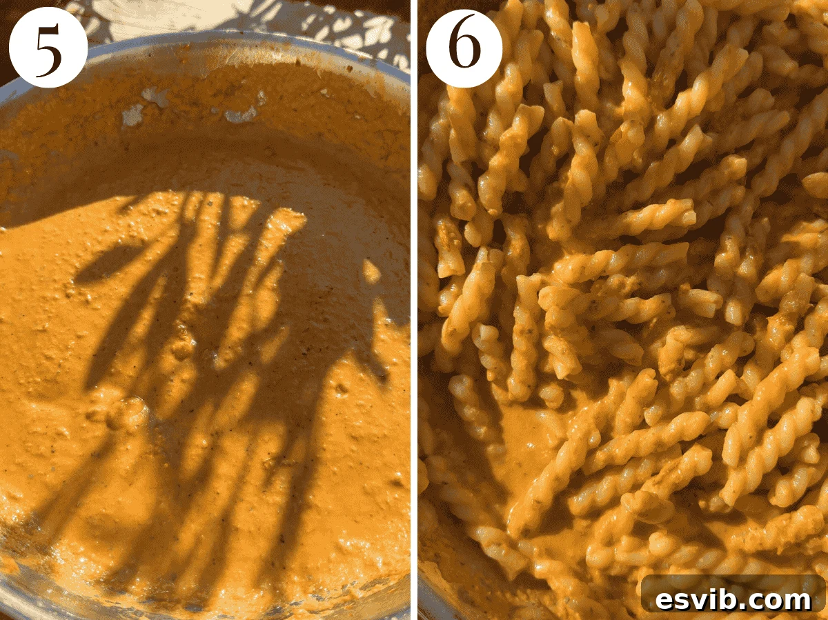 Two sequential photos: first, showing the perfectly smooth and creamy consistency of the blended tuna pasta sauce in a food processor, followed by the cooked short pasta being tossed gently into the sauce in a pan, ensuring every piece is coated.