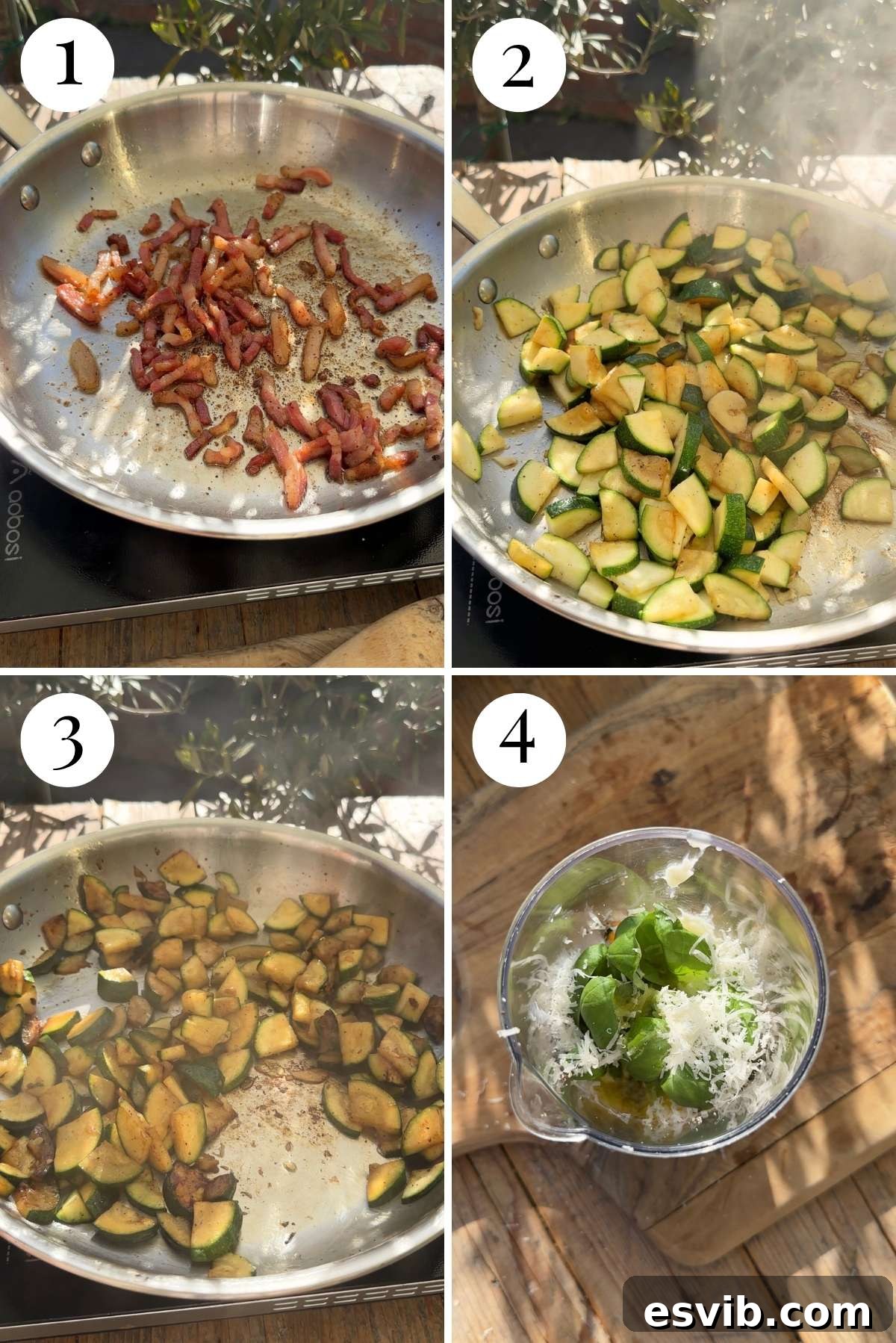 Four photos in a collage showing how to saute pancetta and zucchini.