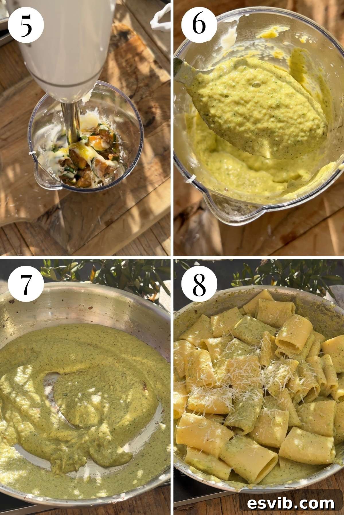 Four photos in a collage showing how to blitz the zucchini and stracchino into a creamy sauce.